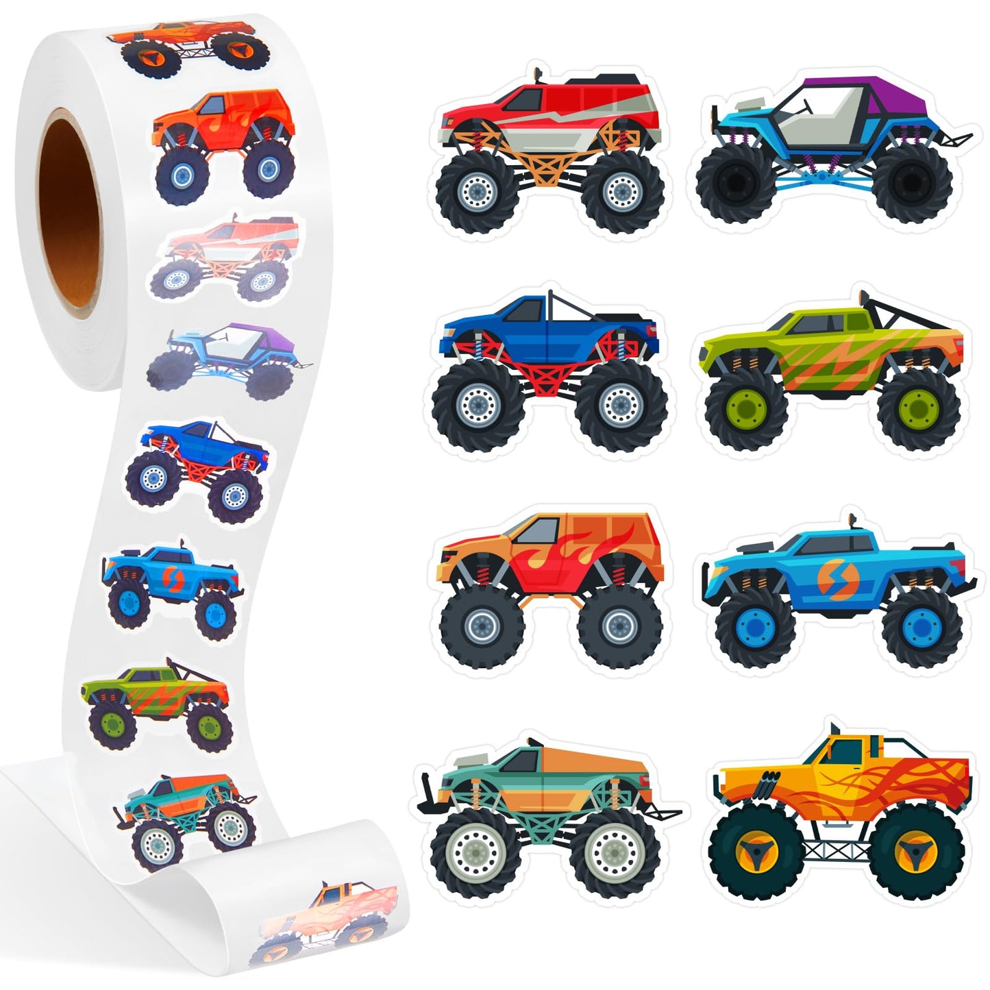 Qeeenar 1 Roll Monster Truck Stickers – 500 Pcs Watercolor Sticker Roll for Rewards & Party Favors