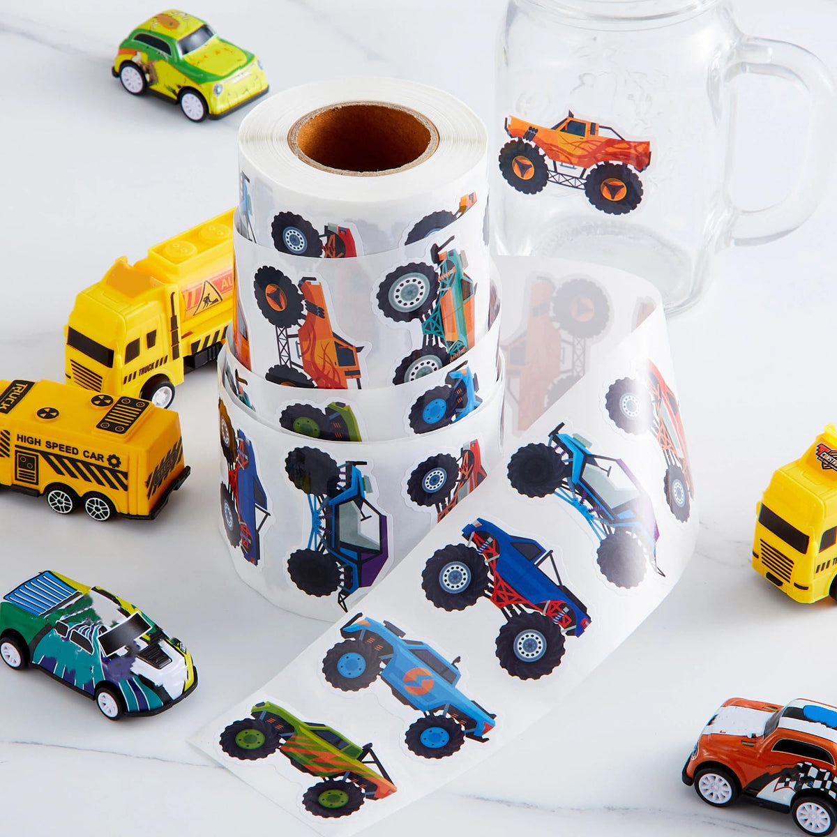 Qeeenar 1 Roll Monster Truck Stickers – 500 Pcs Watercolor Sticker Roll for Rewards & Party Favors