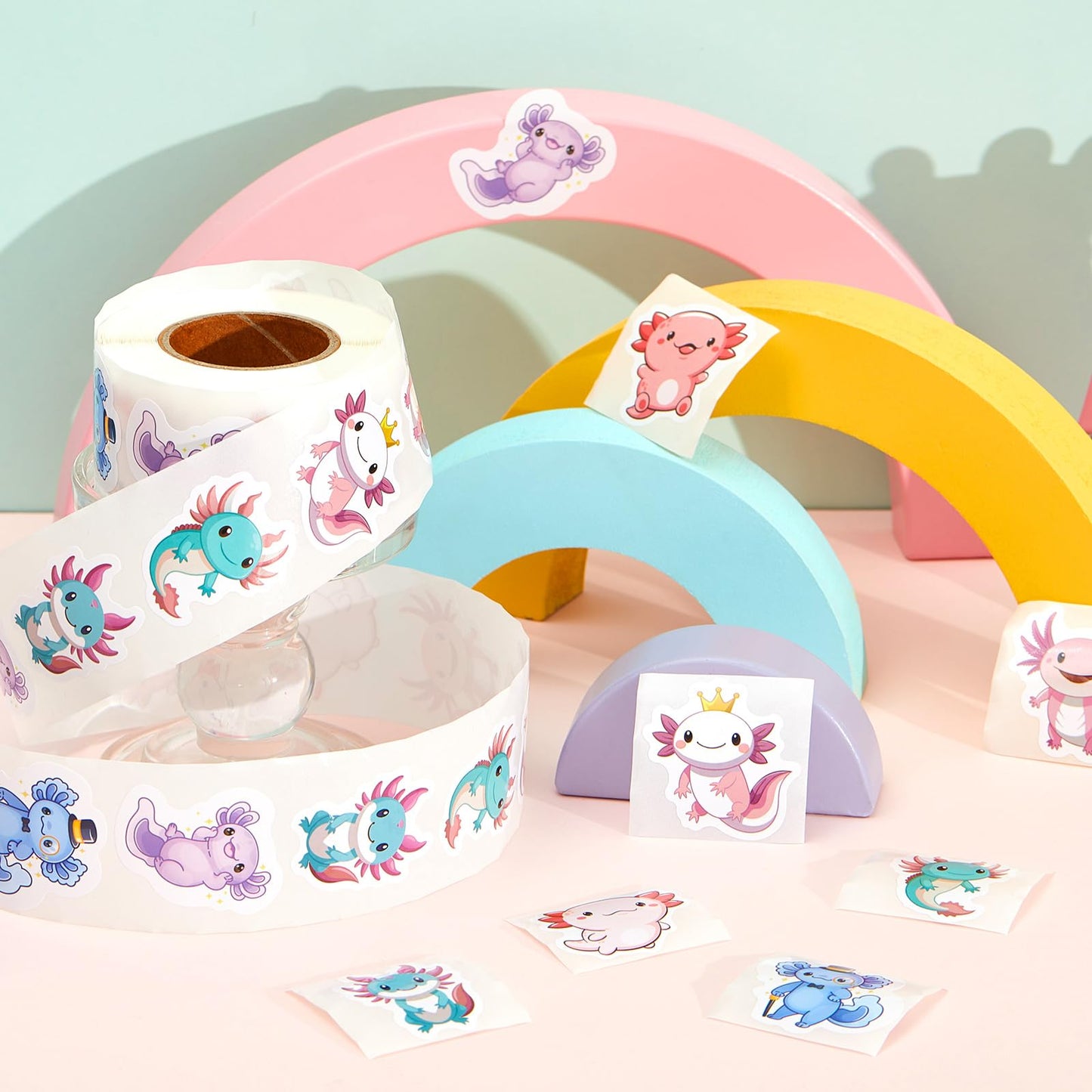 Qeeenar Axolotl Stickers Roll – 500 Pcs Watercolor Decals for Parties, Rewards & Craft Projects