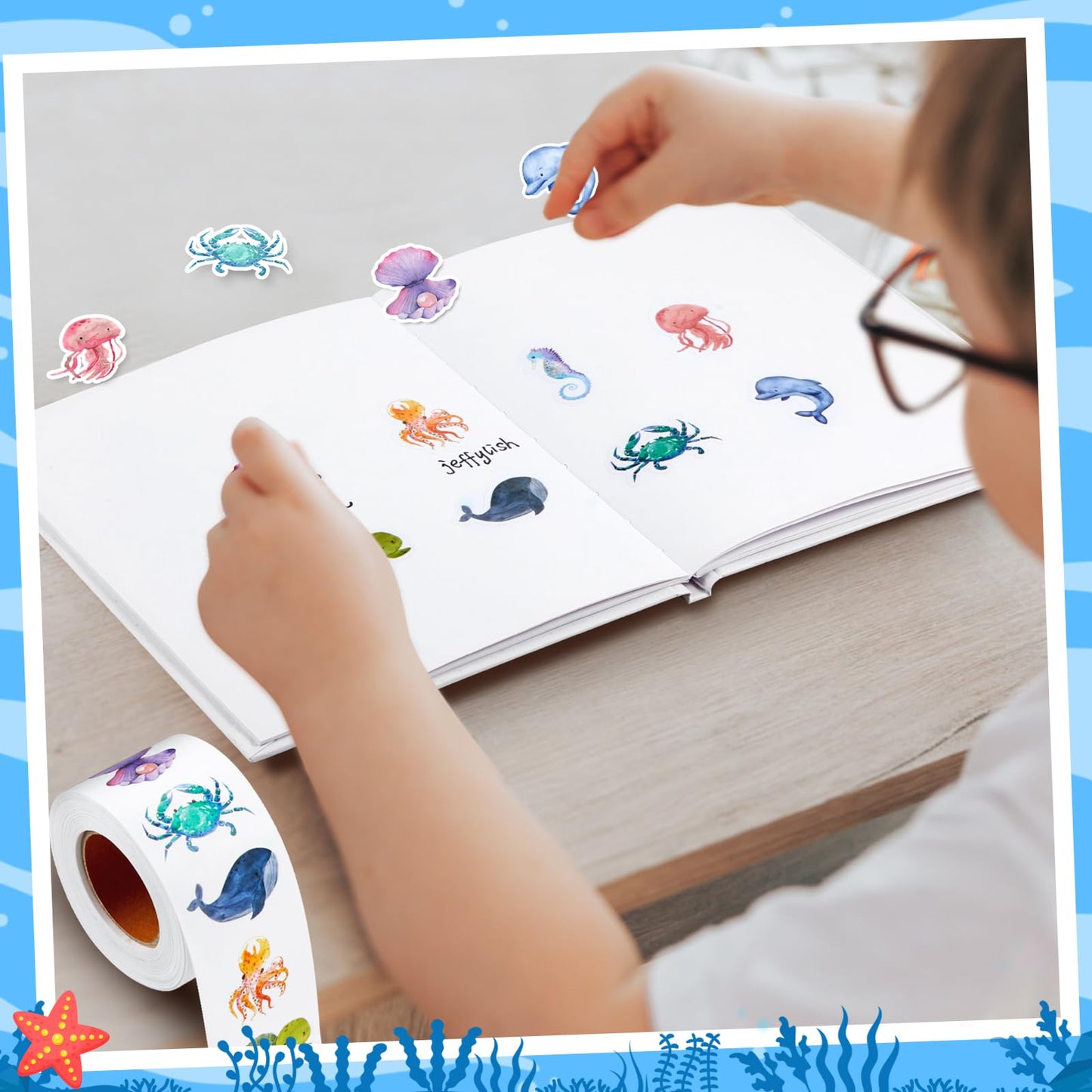 Qeeenar 1 Roll Aquatic Creatures Stickers – 500 Pcs Watercolor Decals for Party Favors & Classroom Use
