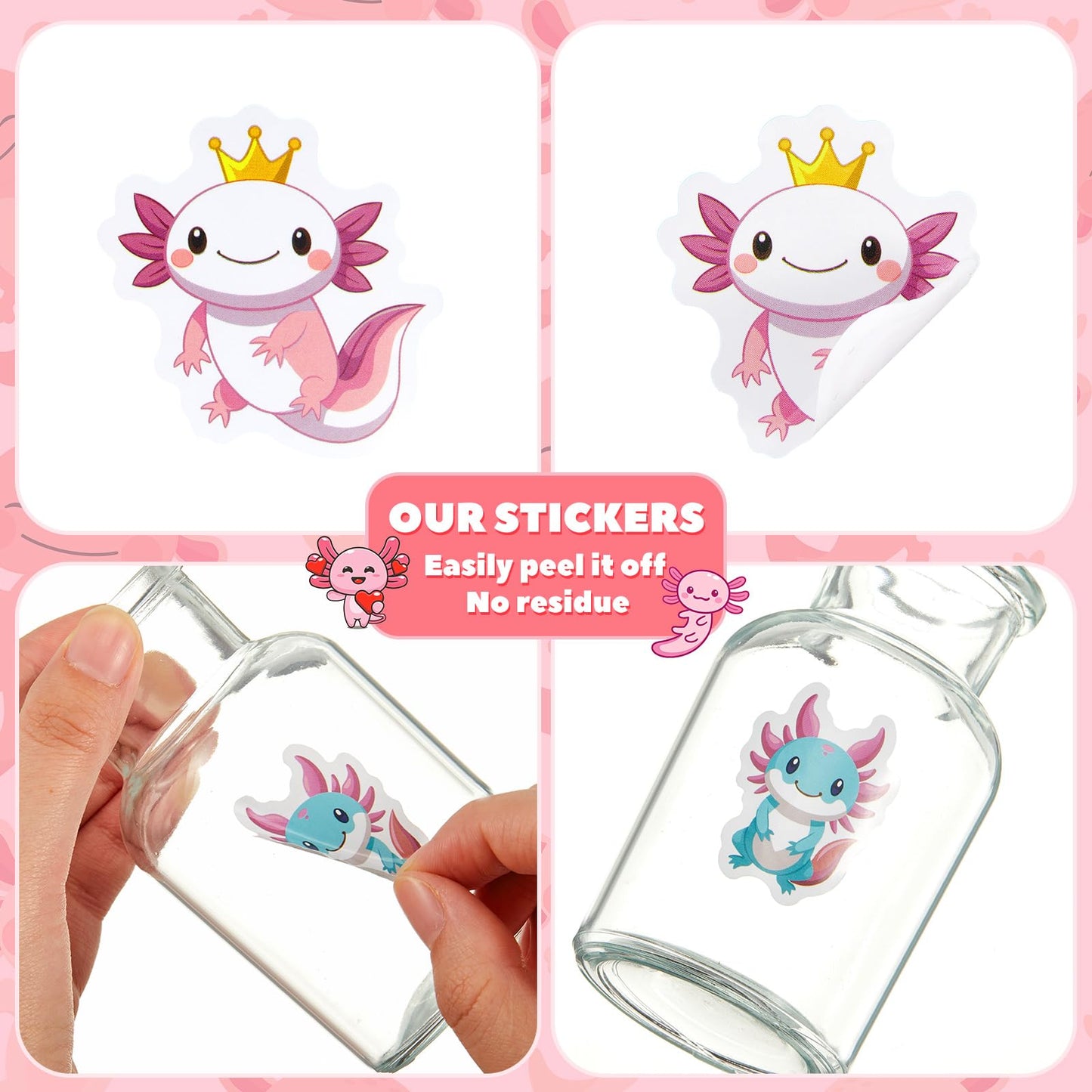 Qeeenar Axolotl Stickers Roll – 500 Pcs Watercolor Decals for Parties, Rewards & Craft Projects