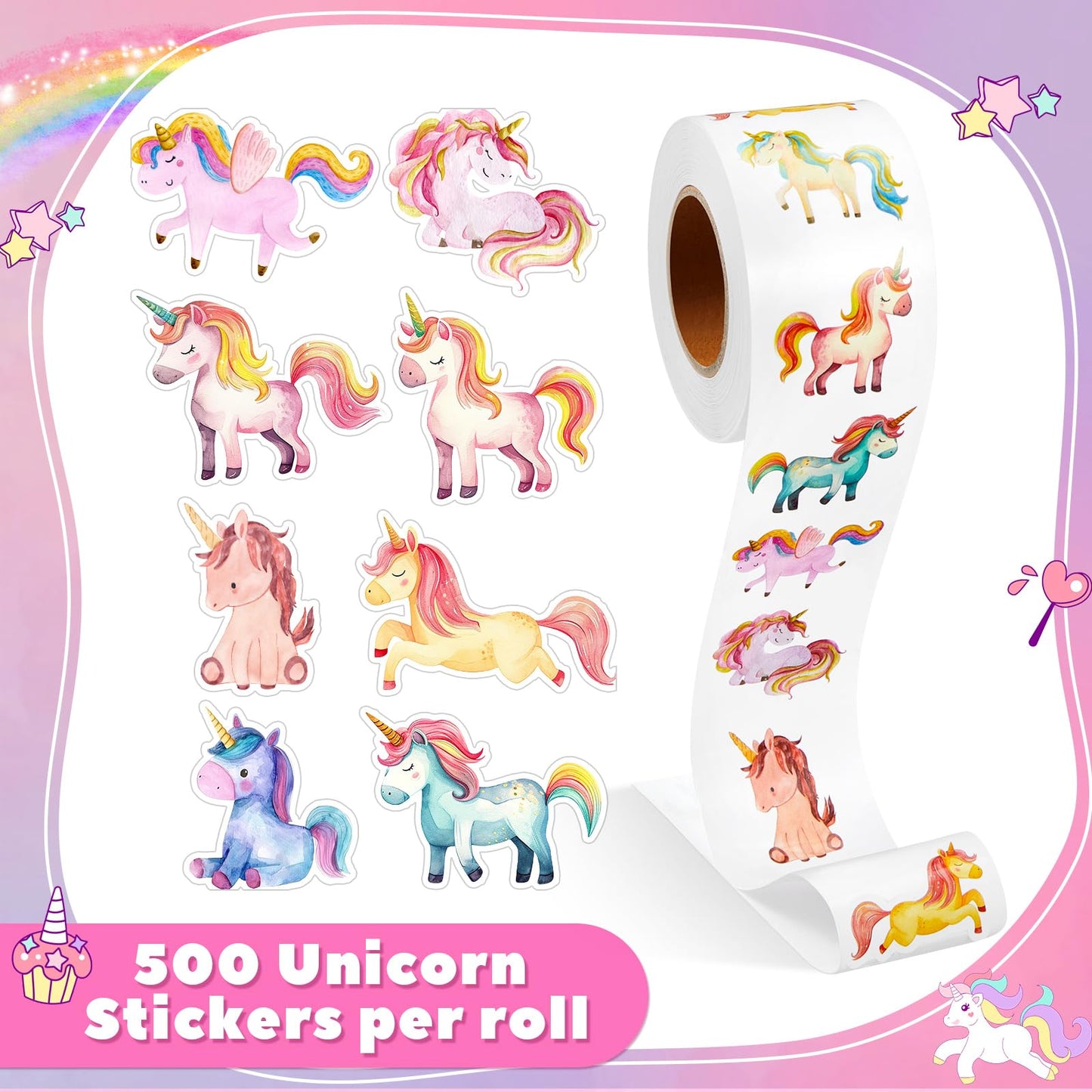Qeeenar Unicorn Stickers Roll – 500 Pcs, Watercolor Designs, Rewards & Crafts