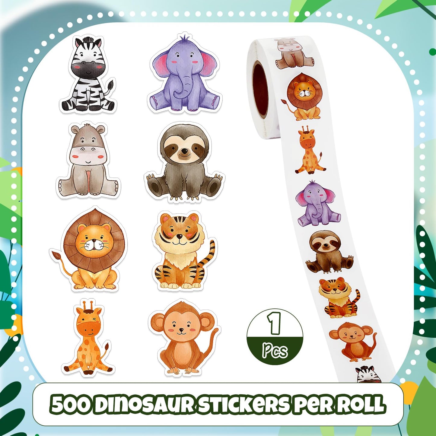 Qeeenar Jungle Animal Stickers Roll – 500 Pcs, Party Favors & Rewards