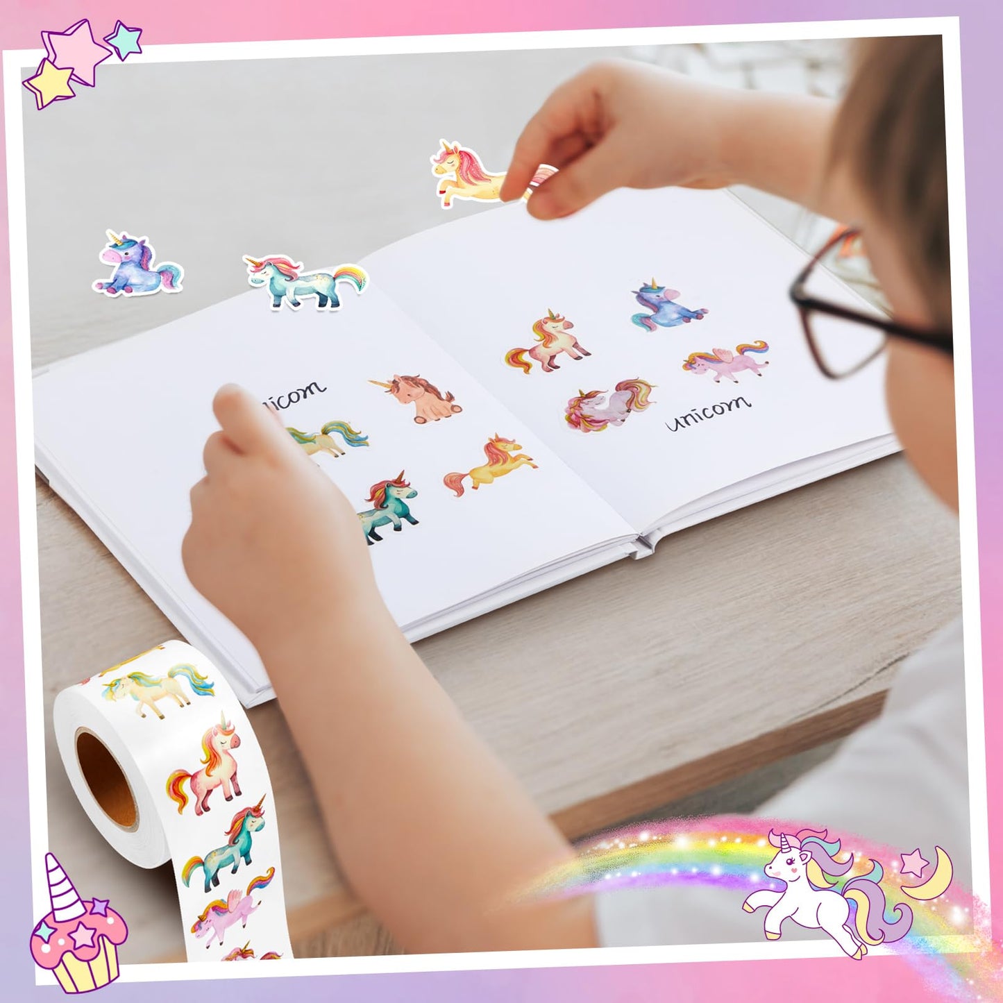 Qeeenar Unicorn Stickers Roll – 500 Pcs, Watercolor Designs, Rewards & Crafts