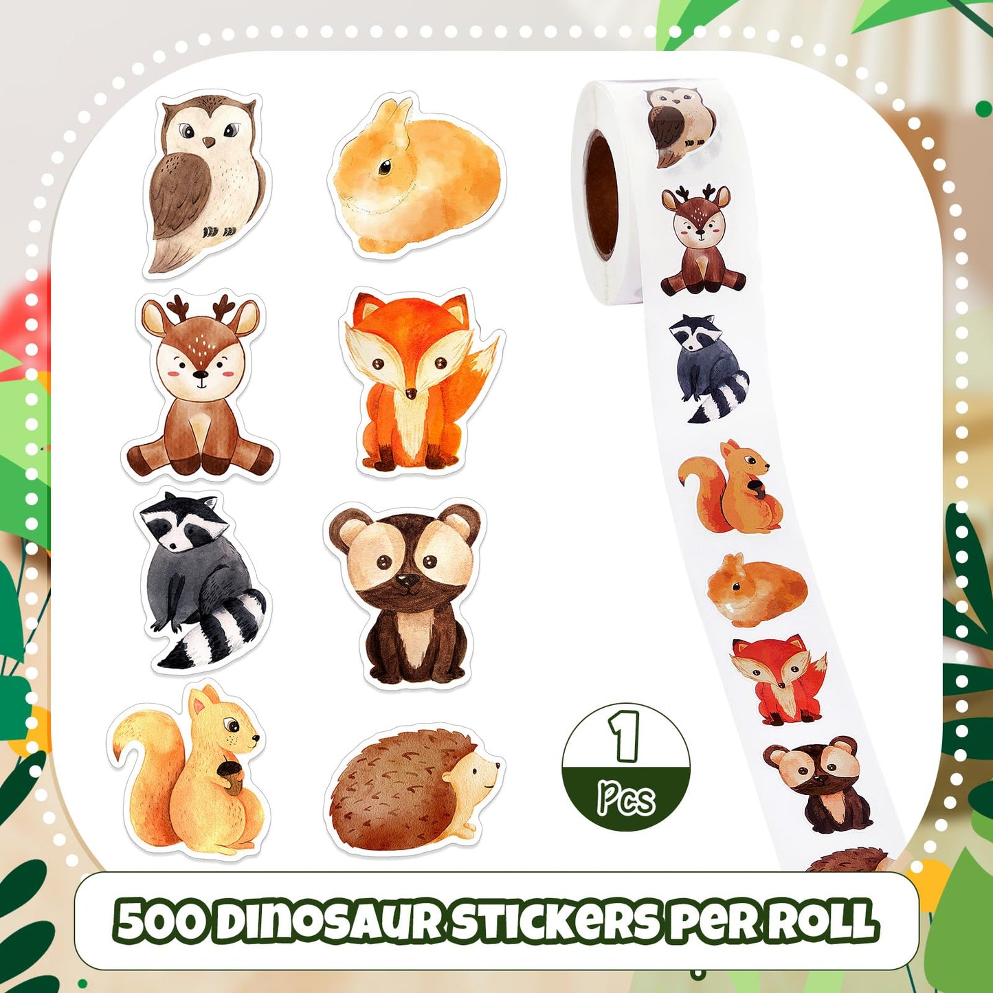 Qeeenar Forest Animal Stickers Roll – 500 Watercolor Stickers for Rewards, Party Favors & Crafts