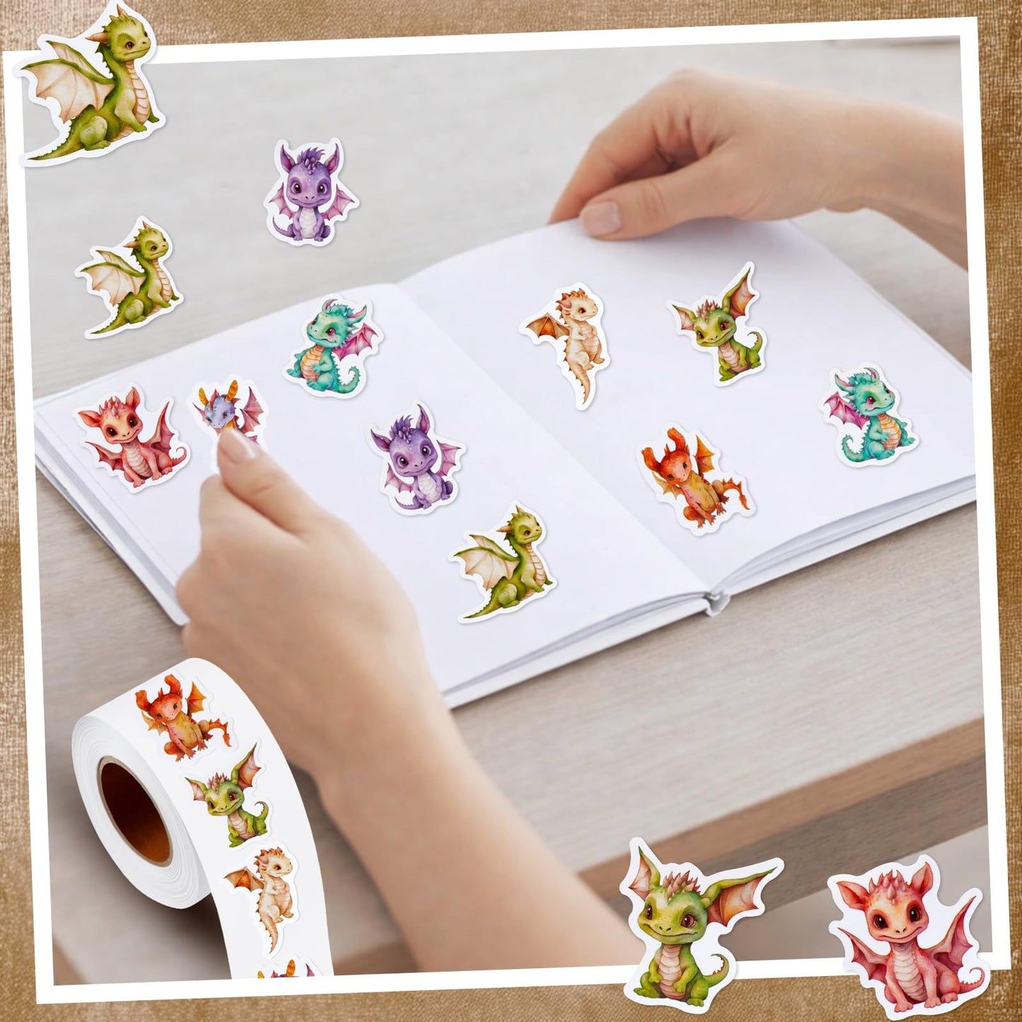 Qeeenar Dragon Sticker Roll – 500 Pcs Watercolor Dragons for Crafts, Parties & Rewards