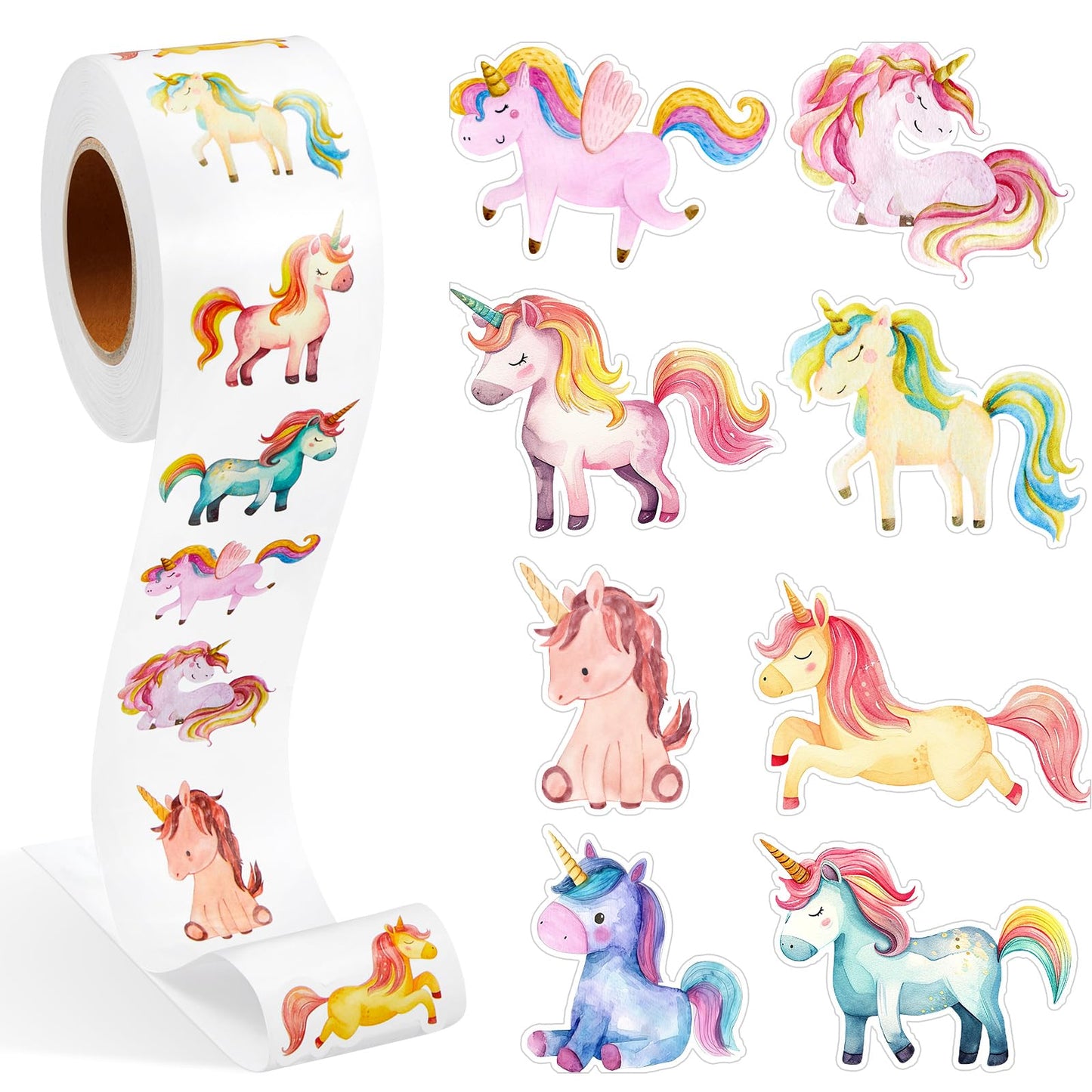 Qeeenar Unicorn Stickers Roll – 500 Pcs, Watercolor Designs, Rewards & Crafts