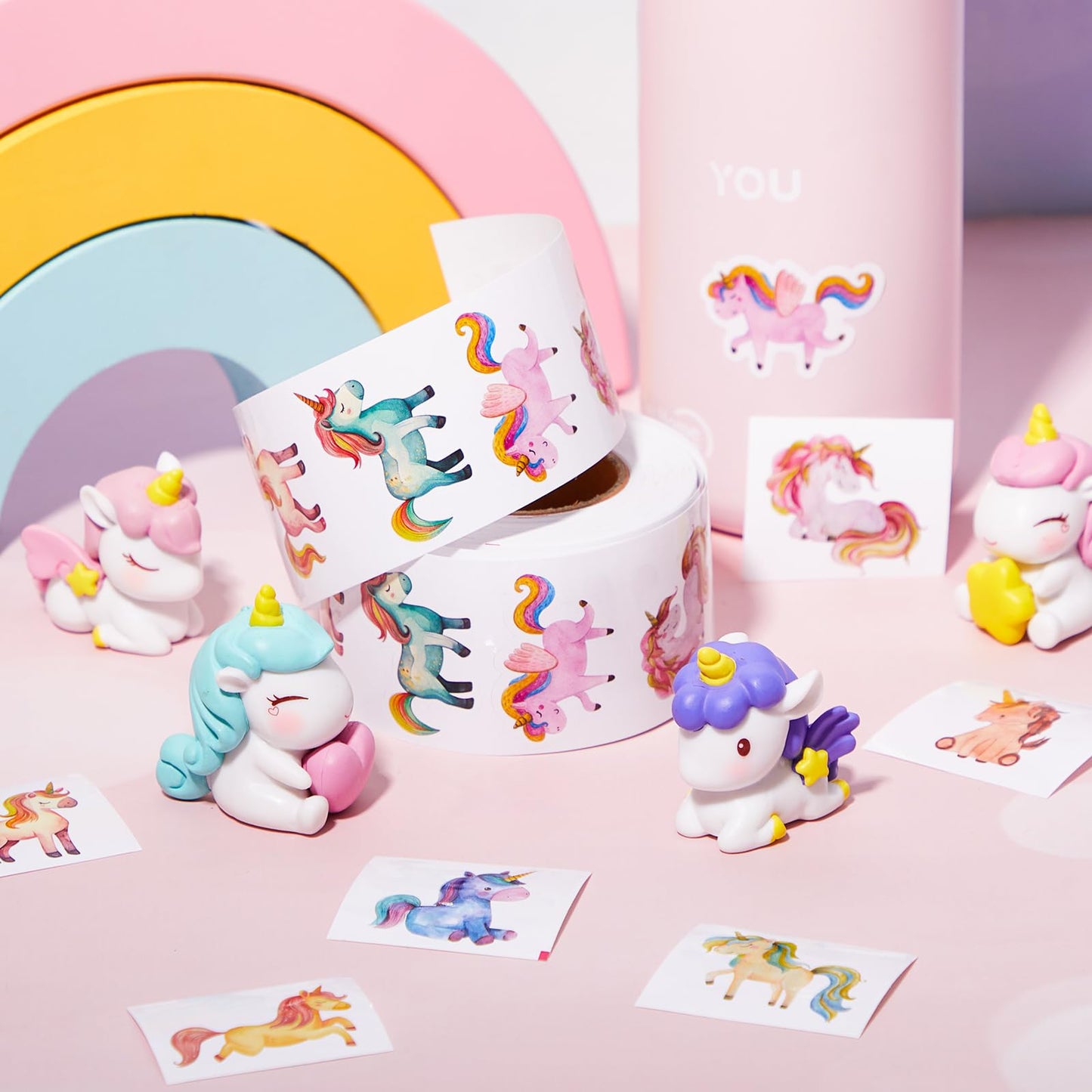 Qeeenar Unicorn Stickers Roll – 500 Pcs, Watercolor Designs, Rewards & Crafts