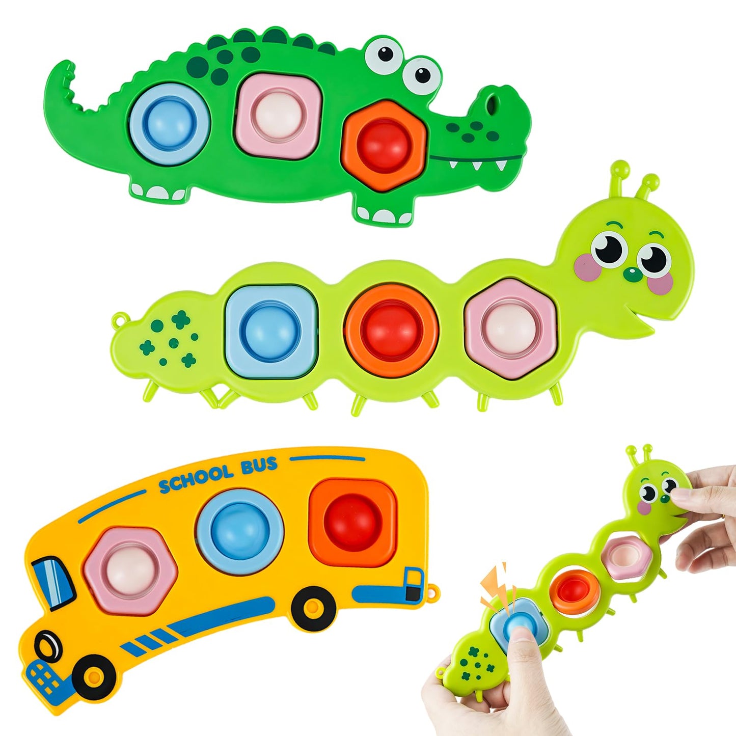 QETRABONE 3 Pcs Fidget Popper Sensory Toys for Travel – Caterpillar, Crocodile & School Bus