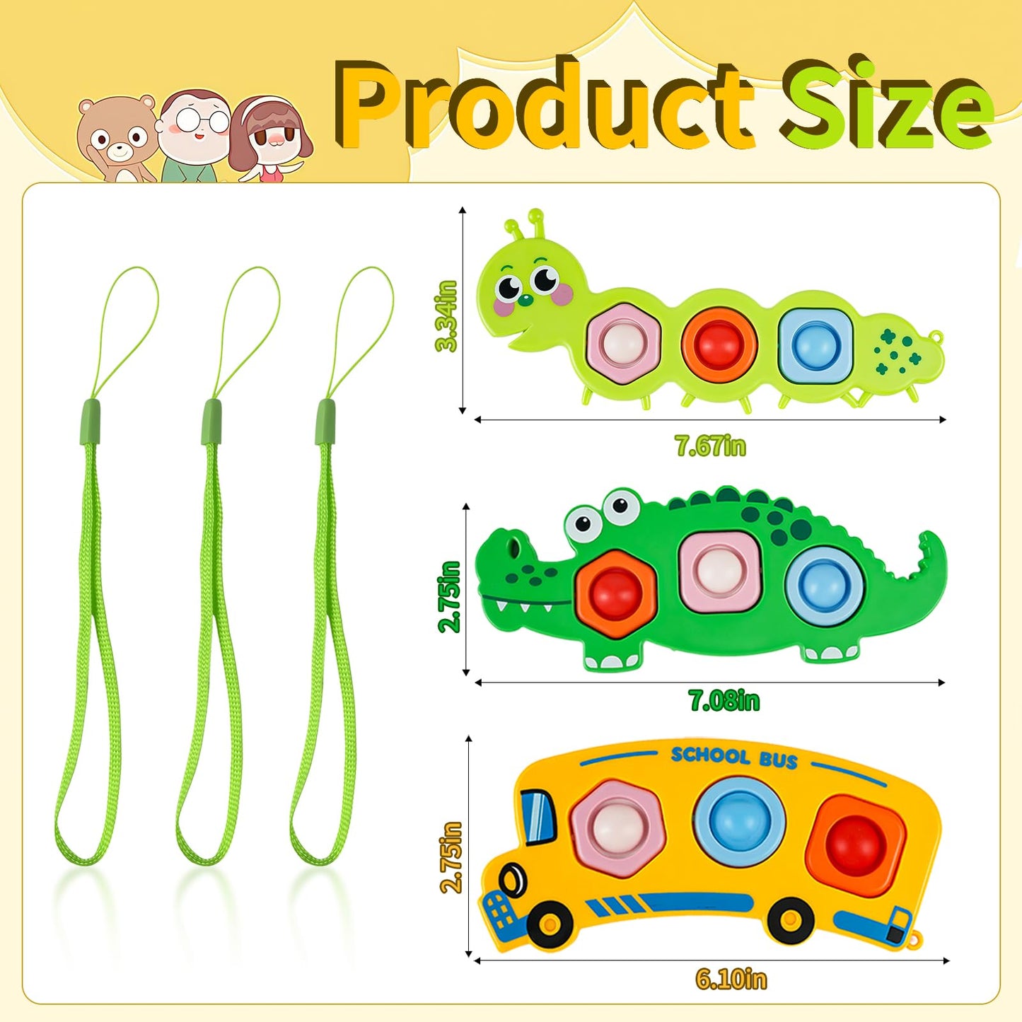 QETRABONE 3 Pcs Fidget Popper Sensory Toys for Travel – Caterpillar, Crocodile & School Bus