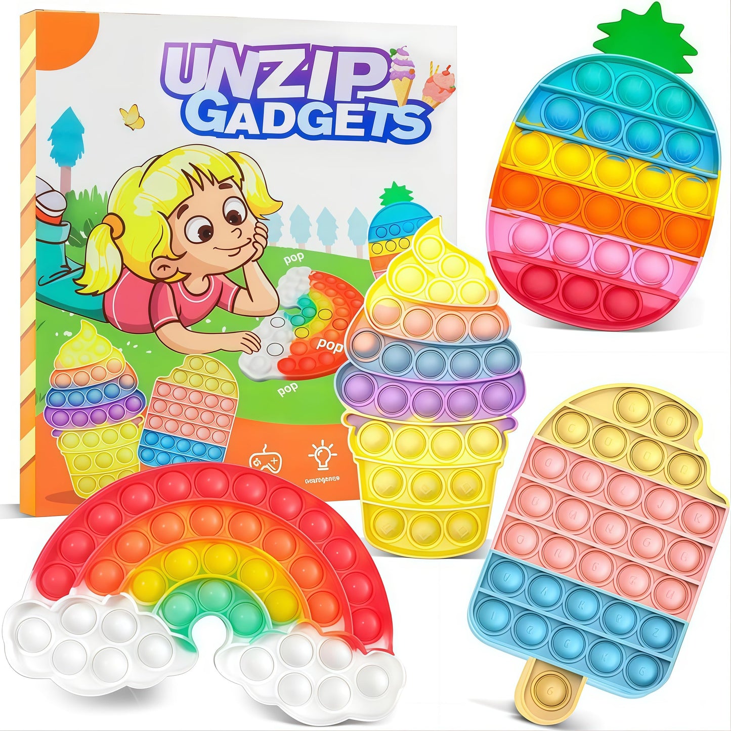 QETRABONE 4 Pcs Fidget Toys – Rainbow Push Bubble Ice Cream, Pineapple Squeeze Set for Stress Relief