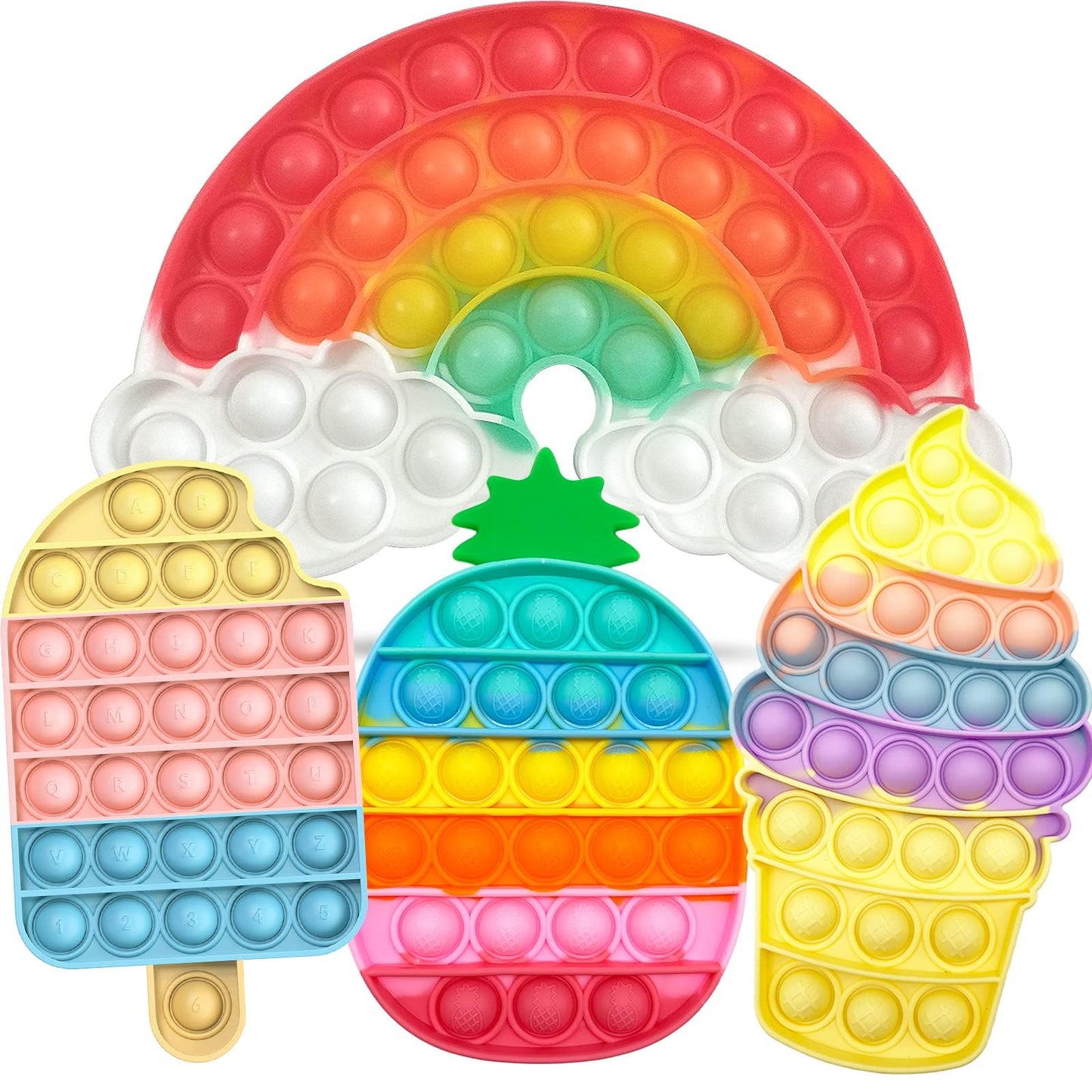QETRABONE 4 Pcs Fidget Toys – Rainbow Push Bubble Ice Cream, Pineapple Squeeze Set for Stress Relief