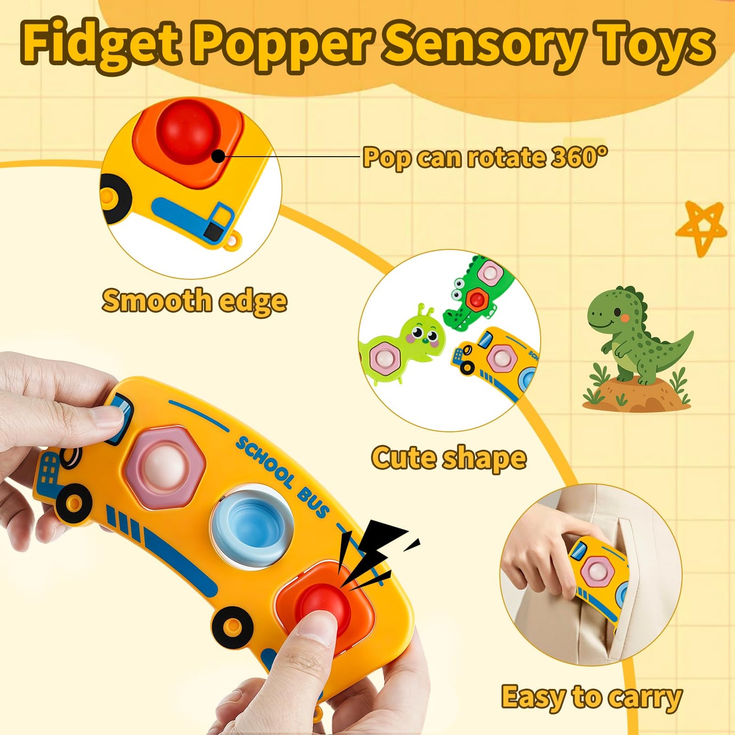 QETRABONE 3 Pcs Fidget Popper Sensory Toys for Travel – Caterpillar, Crocodile & School Bus