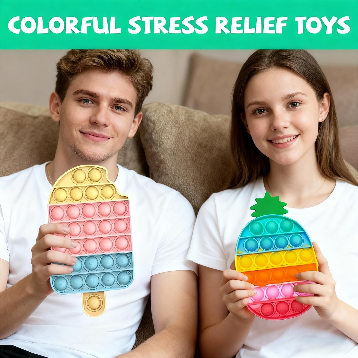 QETRABONE 4 Pcs Fidget Toys – Rainbow Push Bubble Ice Cream, Pineapple Squeeze Set for Stress Relief