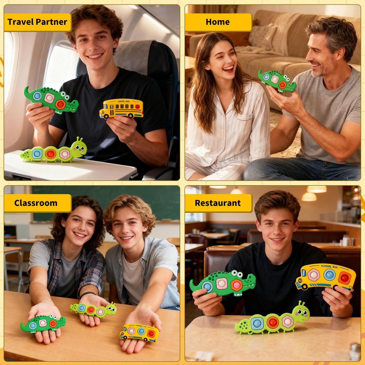 QETRABONE 3 Pcs Fidget Popper Sensory Toys for Travel – Caterpillar, Crocodile & School Bus