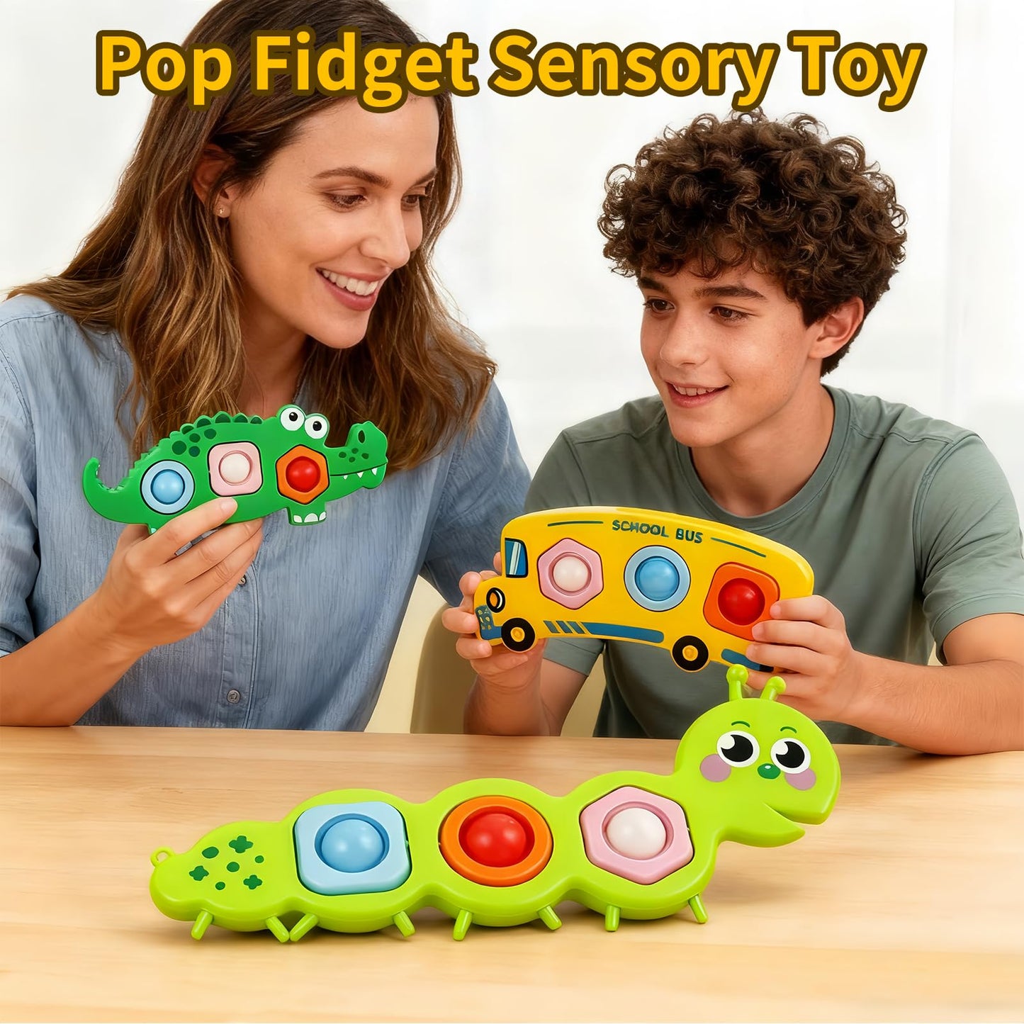 QETRABONE 3 Pcs Fidget Popper Sensory Toys for Travel – Caterpillar, Crocodile & School Bus