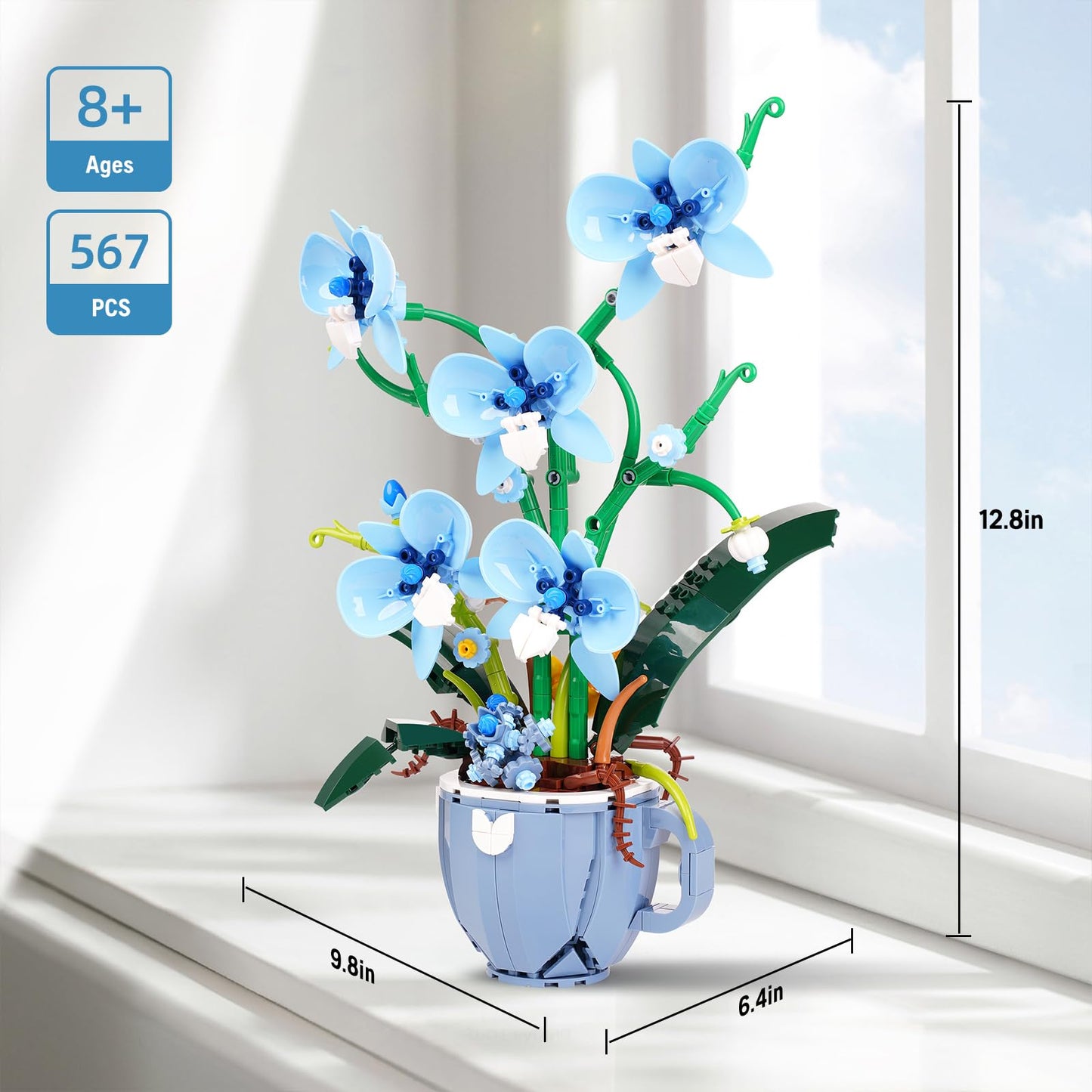 QFJ Ideas Blue Orchid Flower Building Block Set – 567PCS DIY Home Decor Kit for Adults