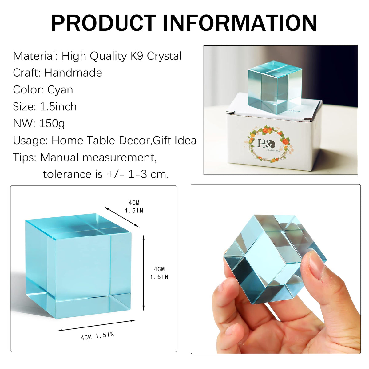 QFkris K9 Crystal Prism Cube – Cyan 1.5in Desk Decor & Gift