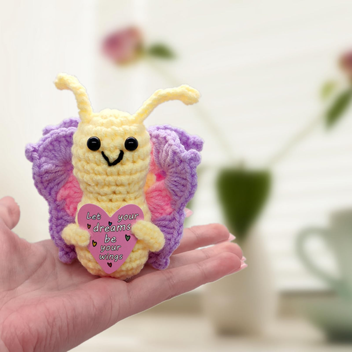 QHARIX Mini Positive Crochet Butterfly Gift – Handmade Inspirational Plush for Women and Teens