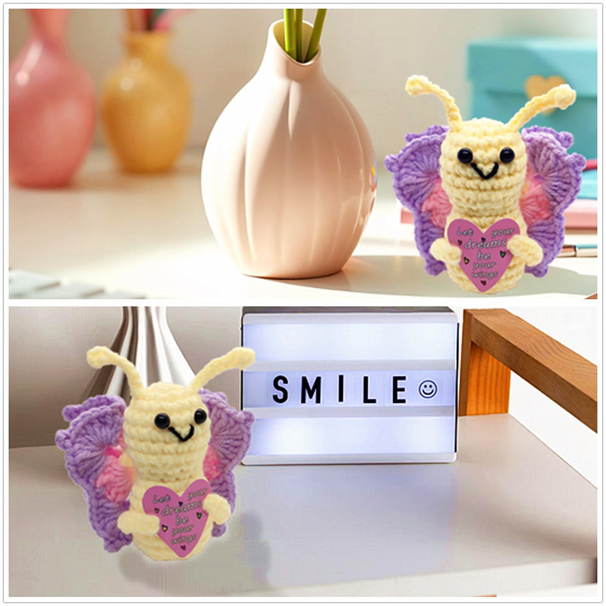 QHARIX Mini Positive Crochet Butterfly Gift – Handmade Inspirational Plush for Women and Teens