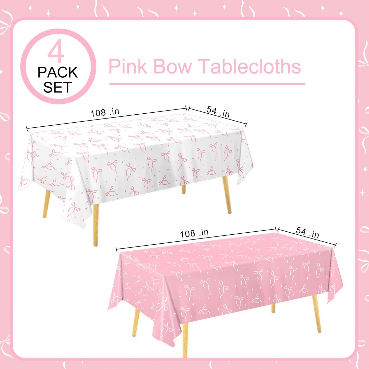 QIYANPAX 4 Pack Pink Bow Tablecloth – 54 x 108 in Coquette Birthday Decor