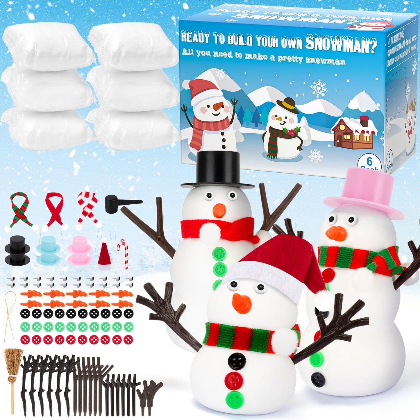 QIYVLOS Build A Snowman Kit — 6-Pack Snowman Crafts for Kids (105 Pcs)
