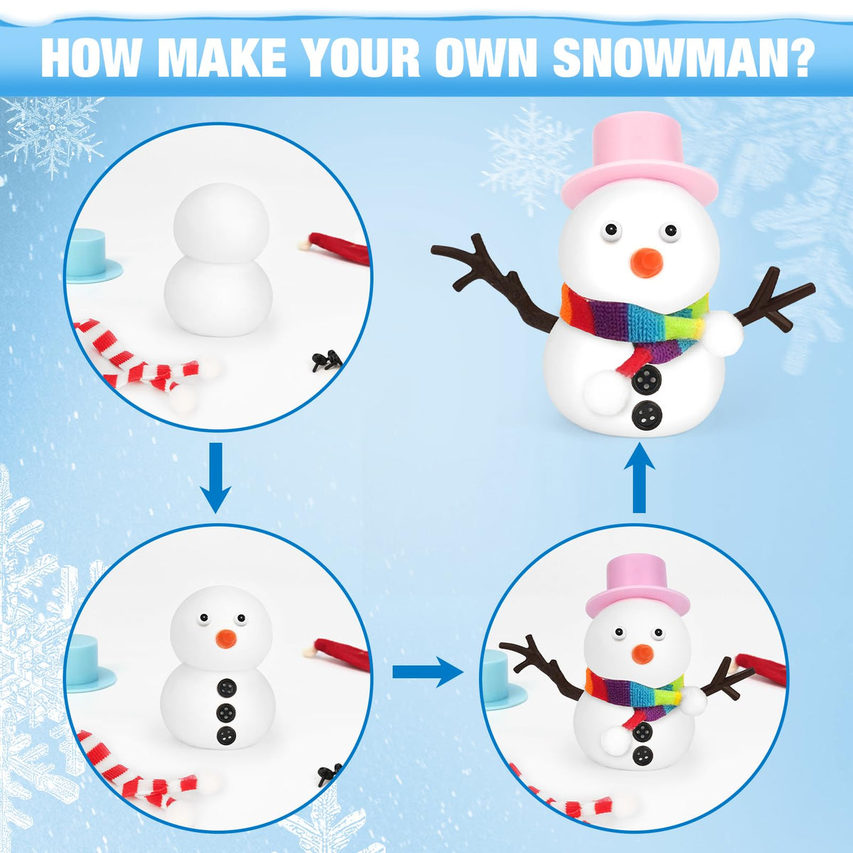 QIYVLOS Build A Snowman Kit — 6-Pack Snowman Crafts for Kids (105 Pcs)