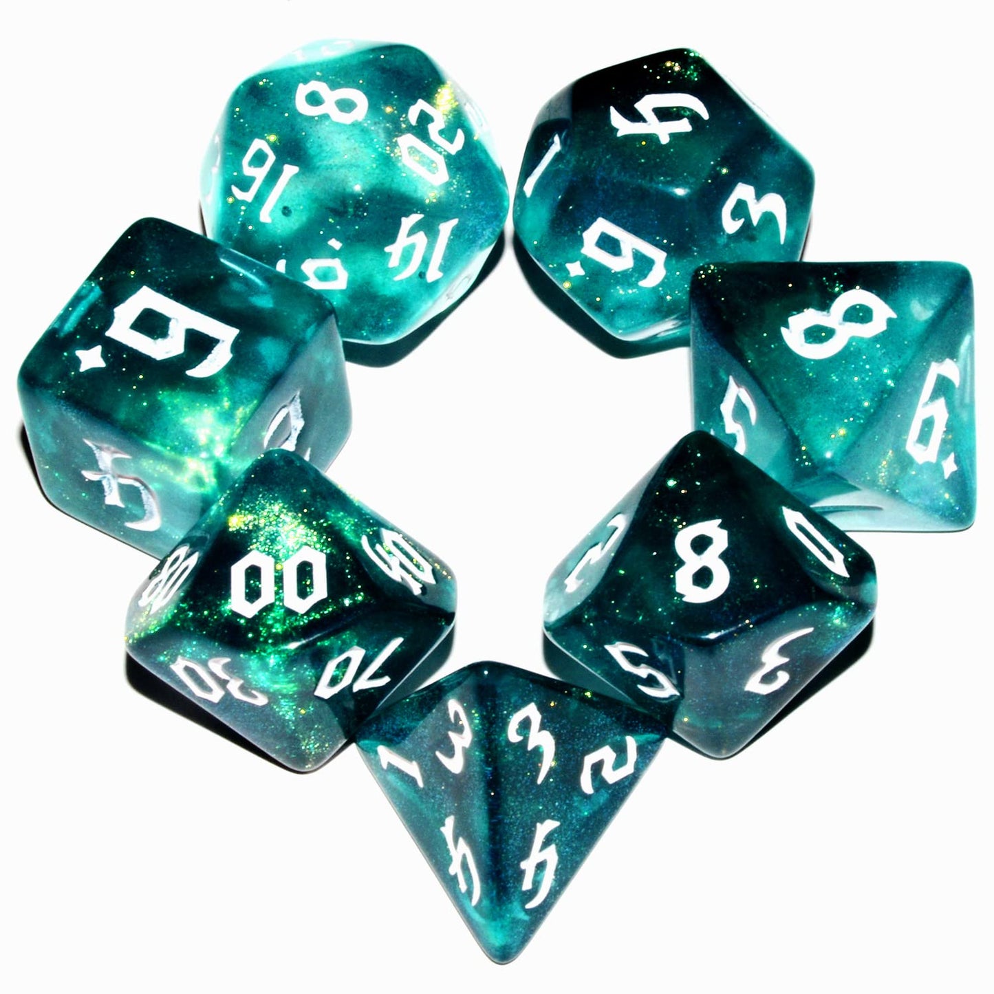 Galaxy Dice Set – Dark Green & Cyan Glitter Resin DND Dice | QiAN SiMAi