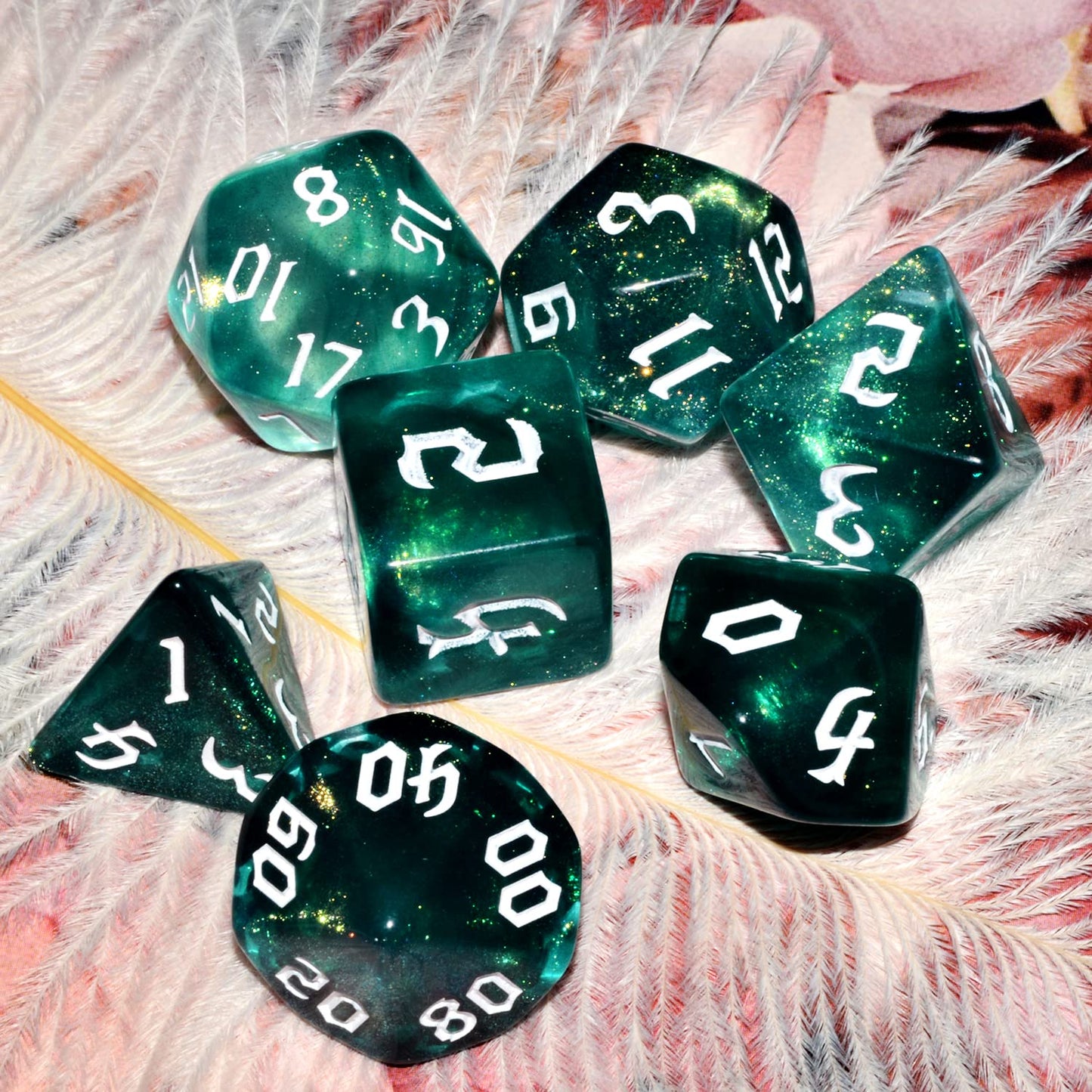 Galaxy Dice Set – Dark Green & Cyan Glitter Resin DND Dice | QiAN SiMAi