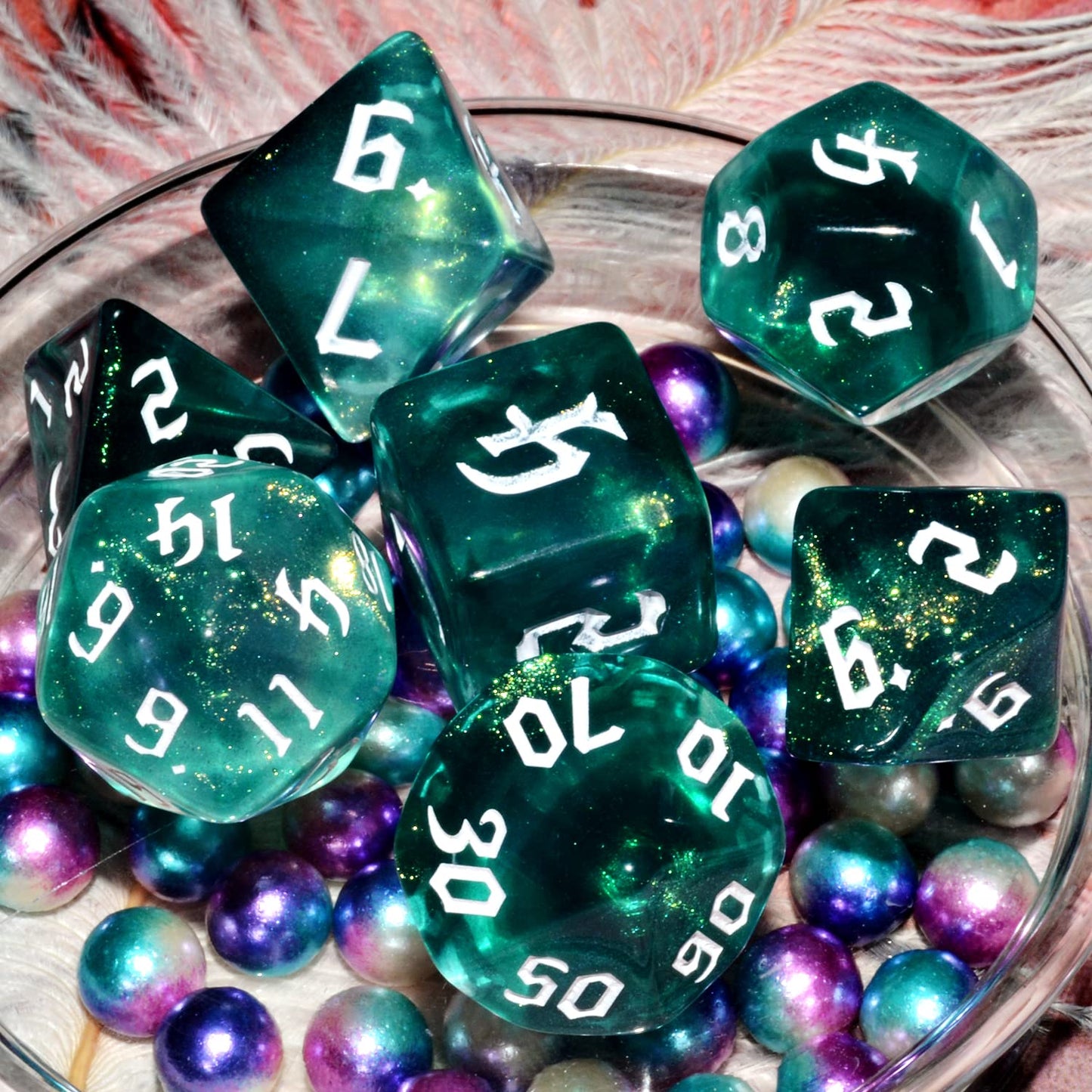 Galaxy Dice Set – Dark Green & Cyan Glitter Resin DND Dice | QiAN SiMAi