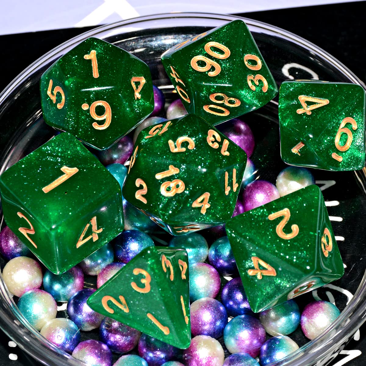 QiAN SiMAi Galaxy Dice Set – Green Glitter DND Dice for RPGs