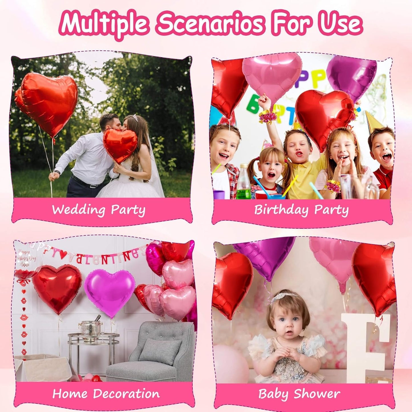 QianYa Heart Balloons 12 Pack – 18-Inch Foil Hearts in Pink, Magenta & Red with Ribbon & Straw