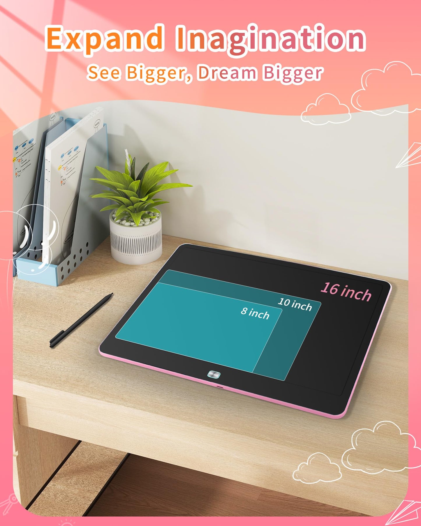 QIAOBUQI 16-Inch Rechargeable LCD Writing Tablet for Kids – Colorful Doodle Pad, Pink