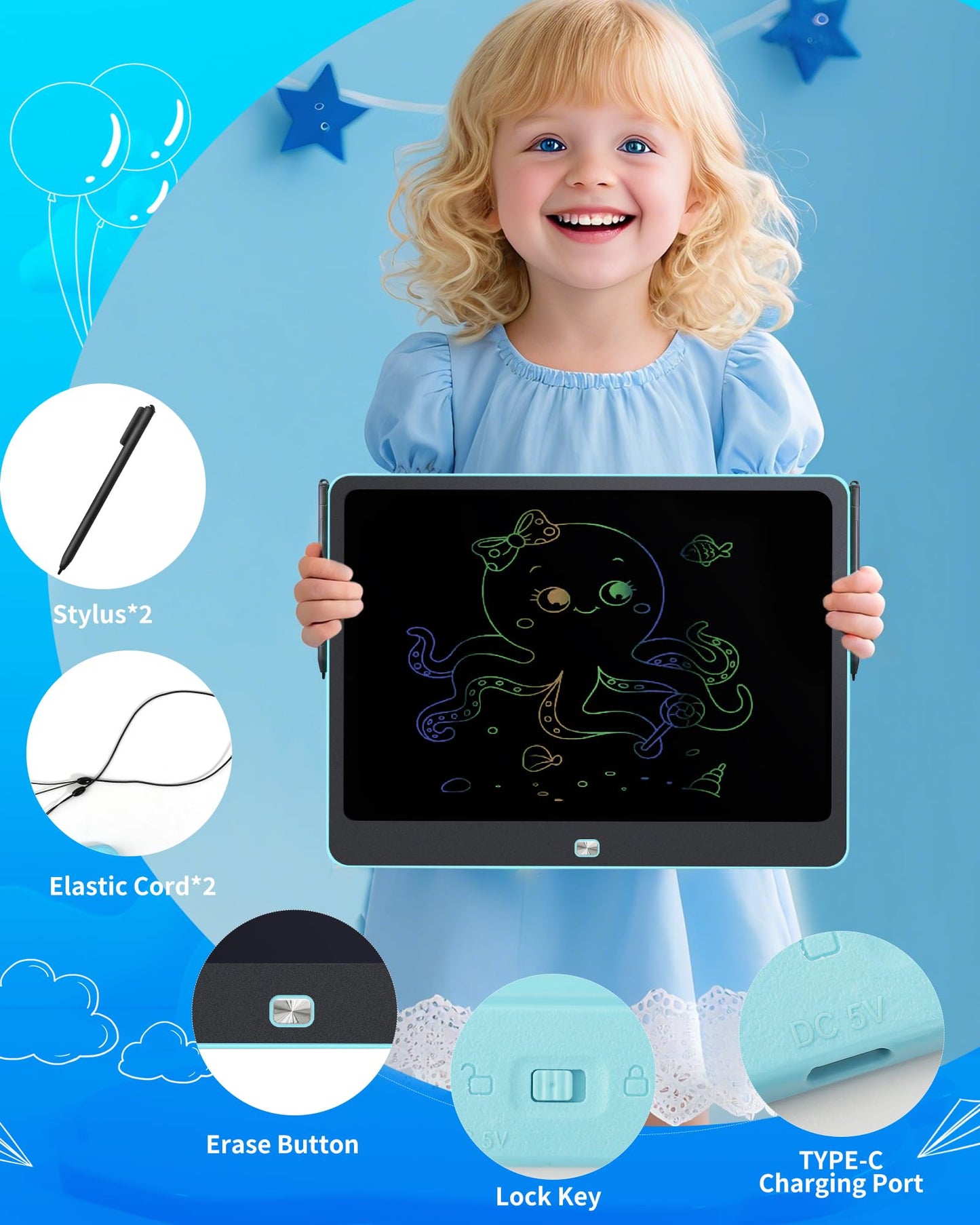 QIAOBUQI 16-Inch Rechargeable LCD Writing Tablet for Kids – Colorful Doodle Pad (Blue)