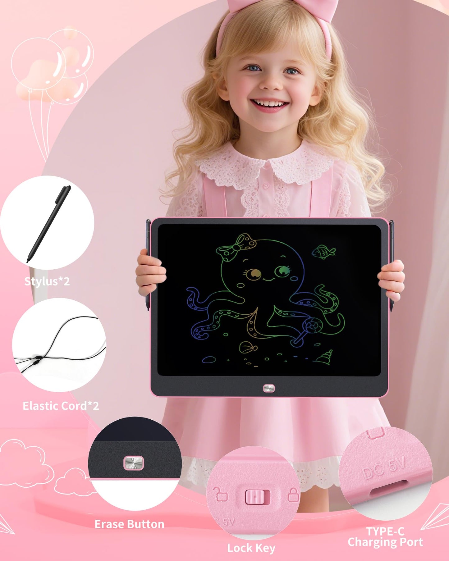 QIAOBUQI 16-Inch Rechargeable LCD Writing Tablet for Kids – Colorful Doodle Pad, Pink