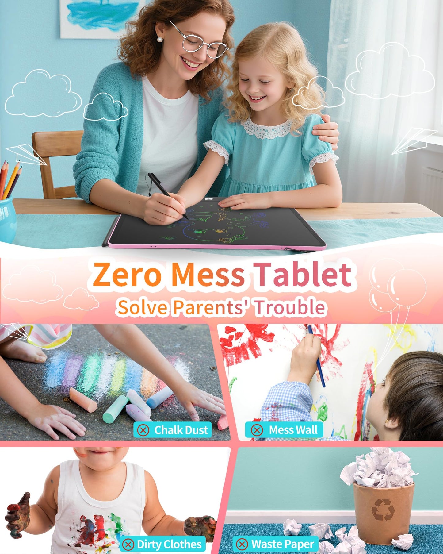 QIAOBUQI 16-Inch Rechargeable LCD Writing Tablet for Kids – Colorful Doodle Pad, Pink