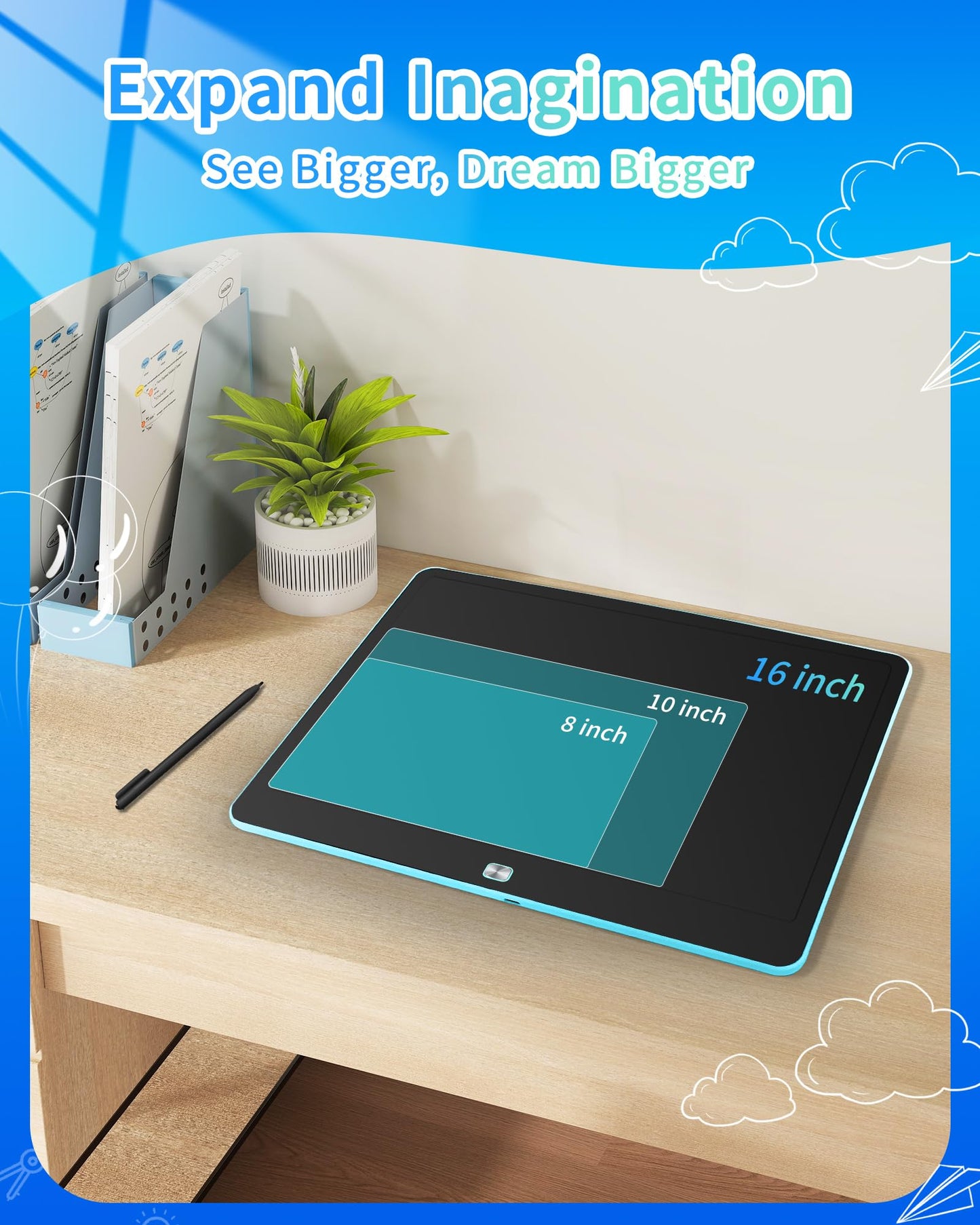 QIAOBUQI 16-Inch Rechargeable LCD Writing Tablet for Kids – Colorful Doodle Pad (Blue)