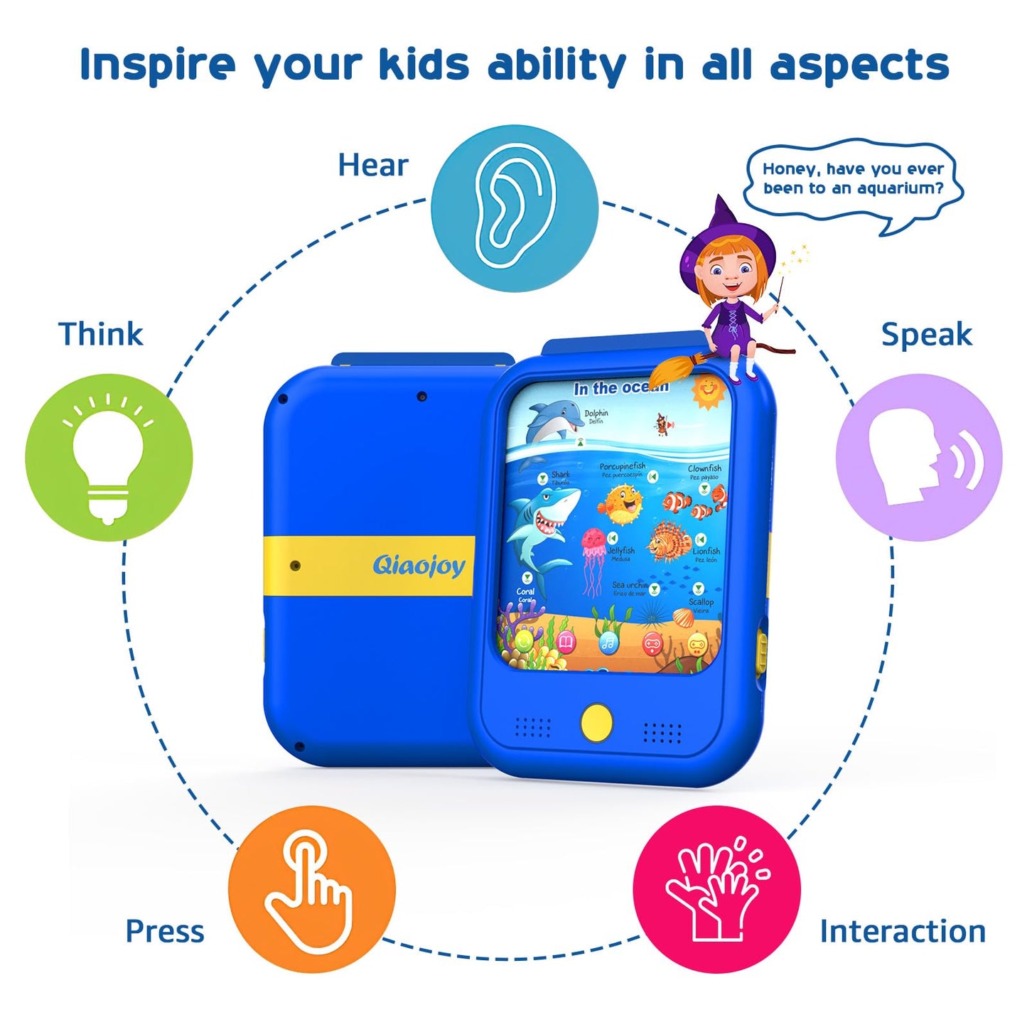Qiaojoy Kids Learning Tablet — Bilingual English/Spanish Learning Pad with 40 Themes & Screen-Free Design