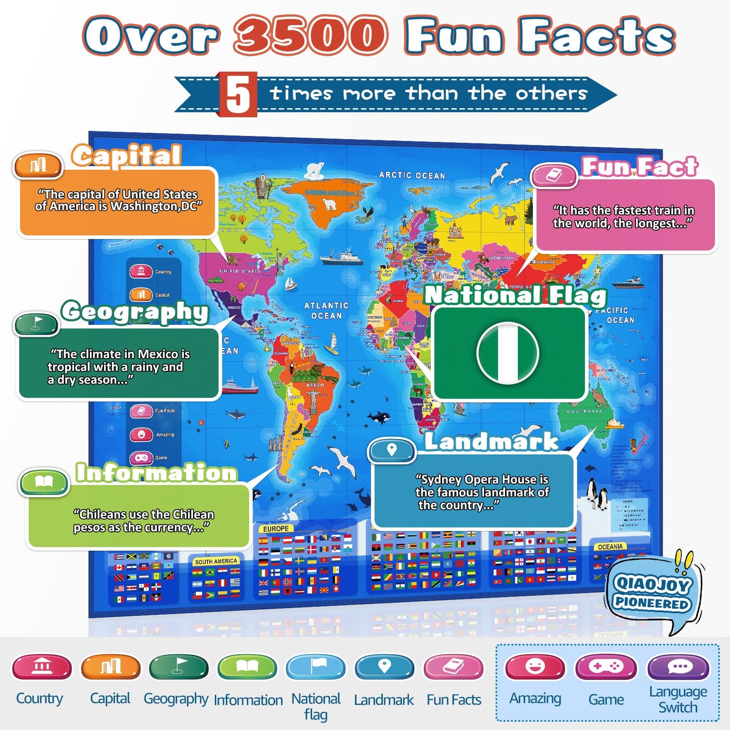 Qiaojoy Bilingual World Map & Dinosaur Poster – Interactive Learning Toy for Kids 3–12