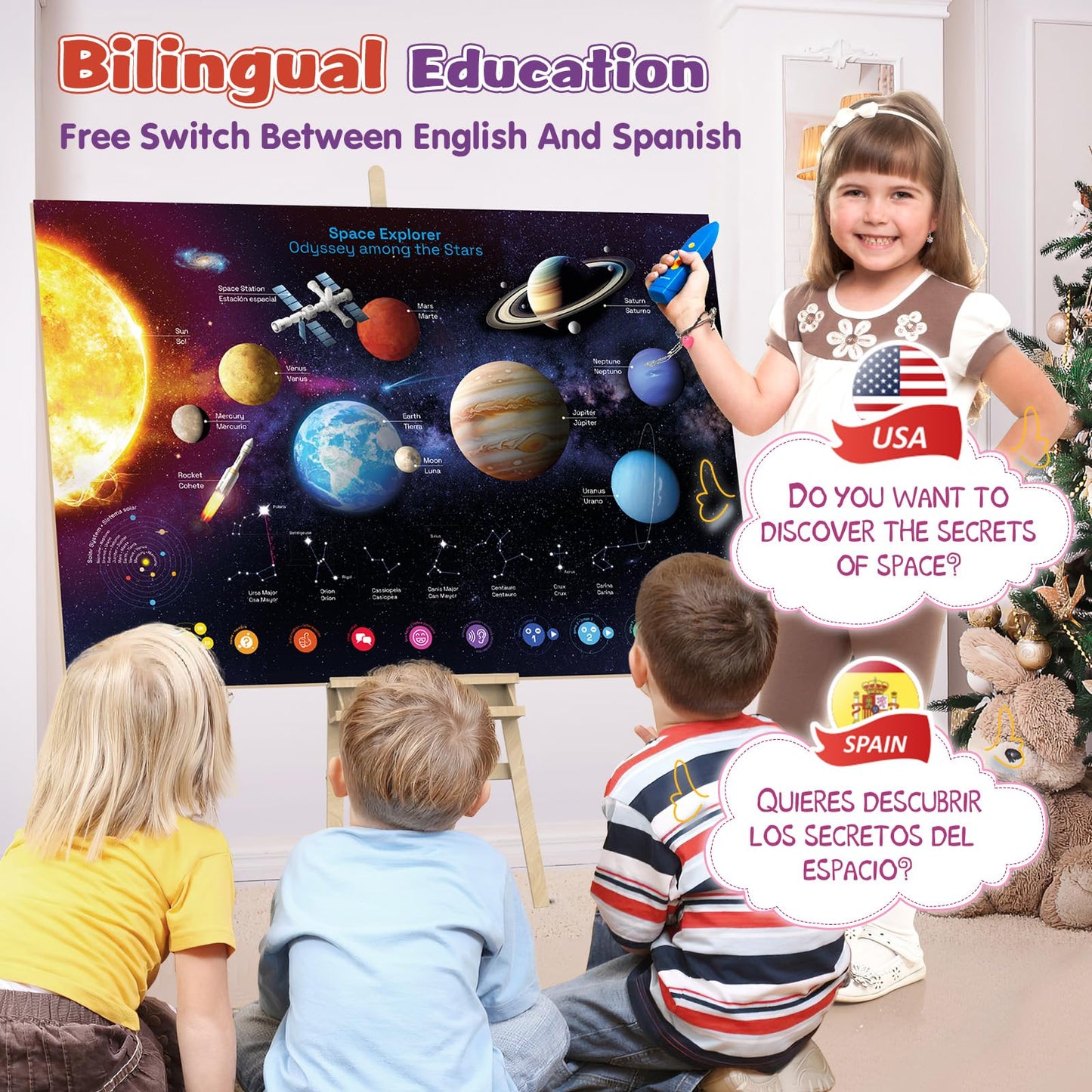 Qiaojoy Bilingual Interactive Solar System Poster for Kids – Talking Space Poster & STEM Toy (Ages 3–12)