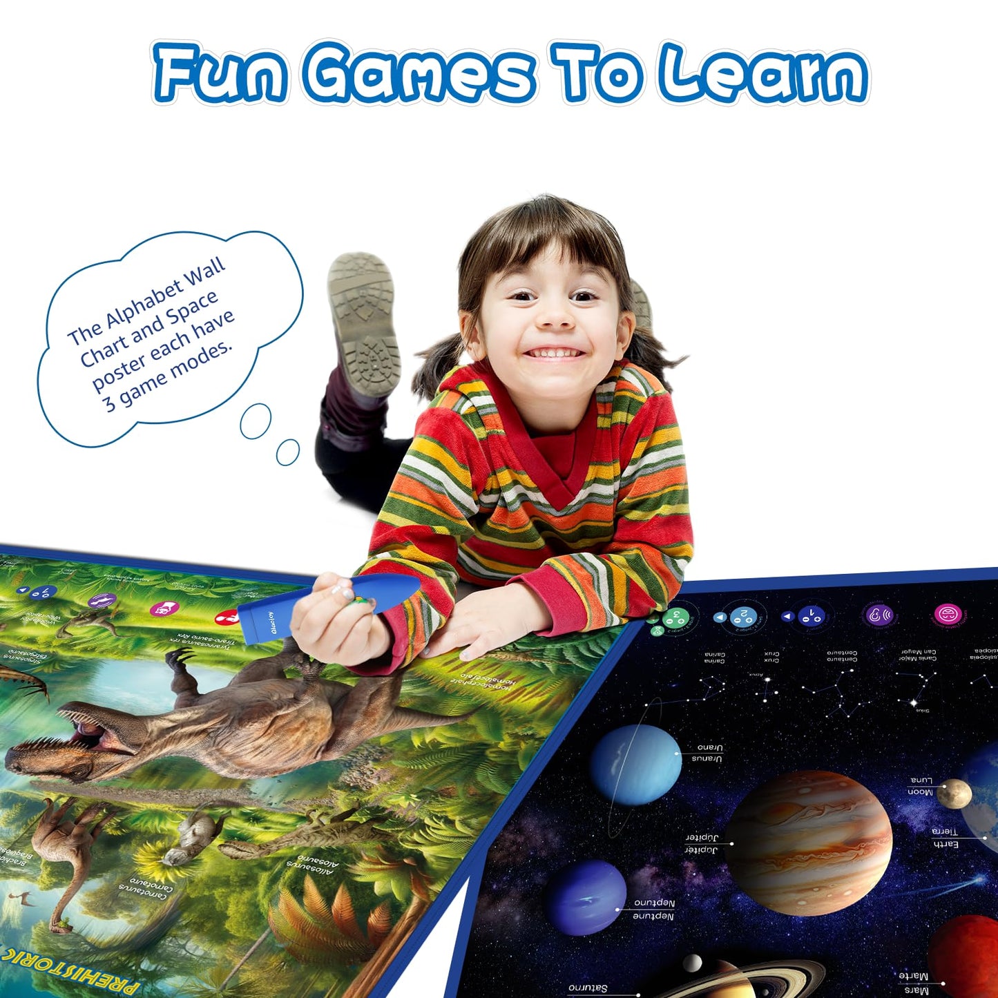 Qiaojoy Bilingual Talking Dinosaur & Space Poster for Kids (Ages 3-12)