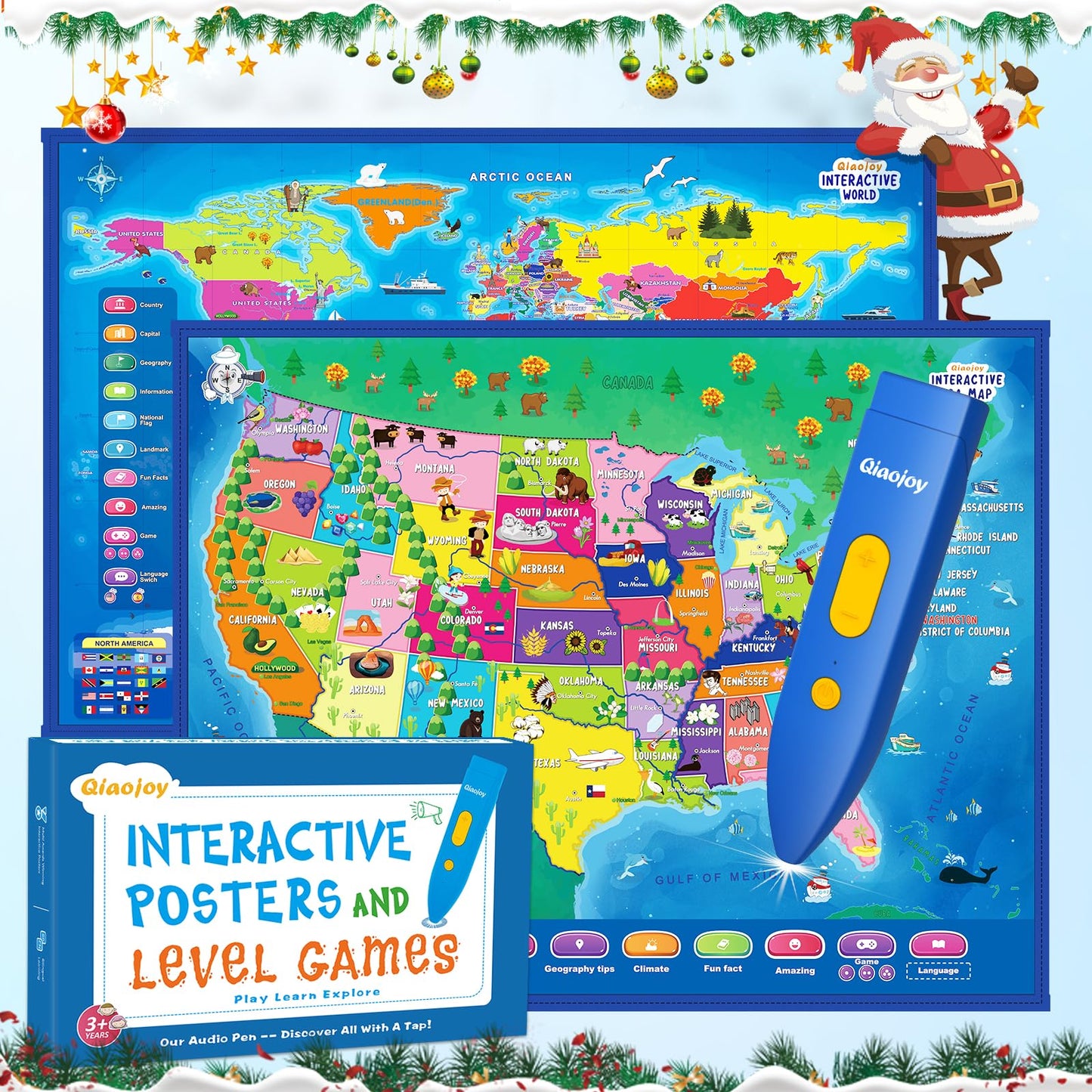 Qiaojoy Bilingual Talking World Map for Kids – Interactive USA & World Geography Education Toy