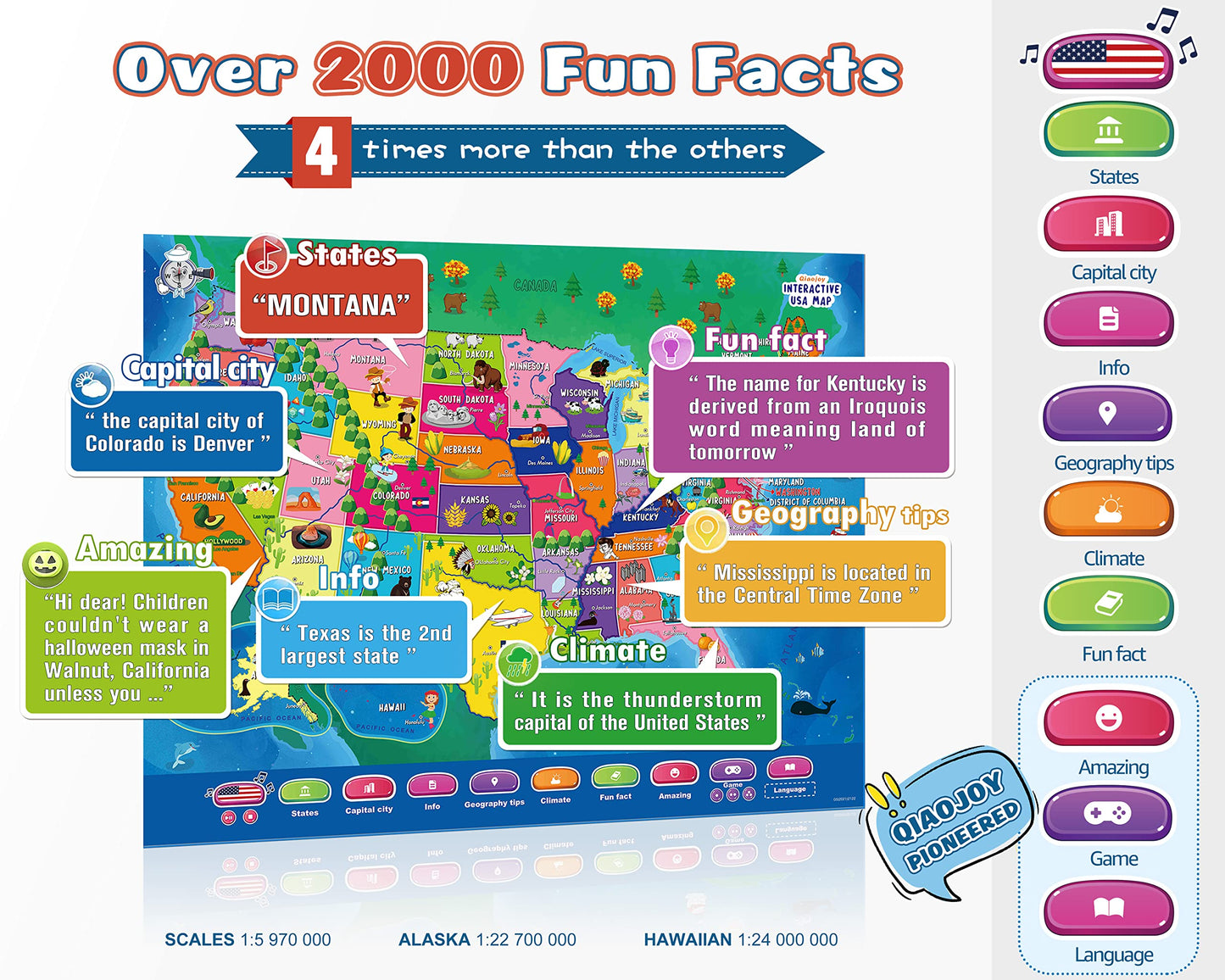 Qiaojoy Bilingual Interactive USA Map for Kids – Geography Learning Toy