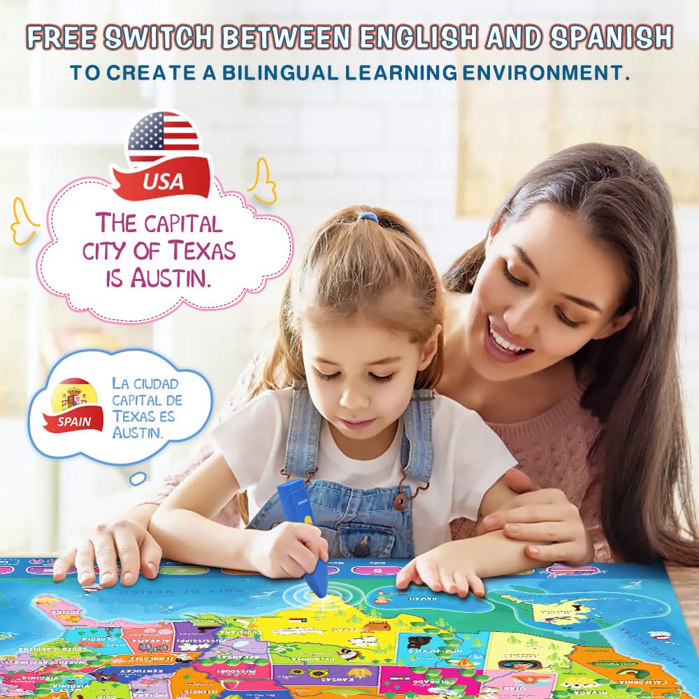 Qiaojoy Bilingual Interactive USA Map for Kids – Geography Learning Toy