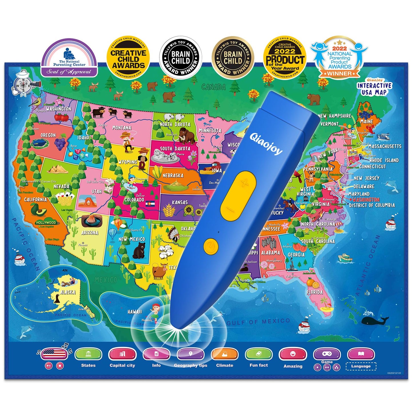 Qiaojoy Bilingual Interactive USA Map for Kids – Geography Learning Toy