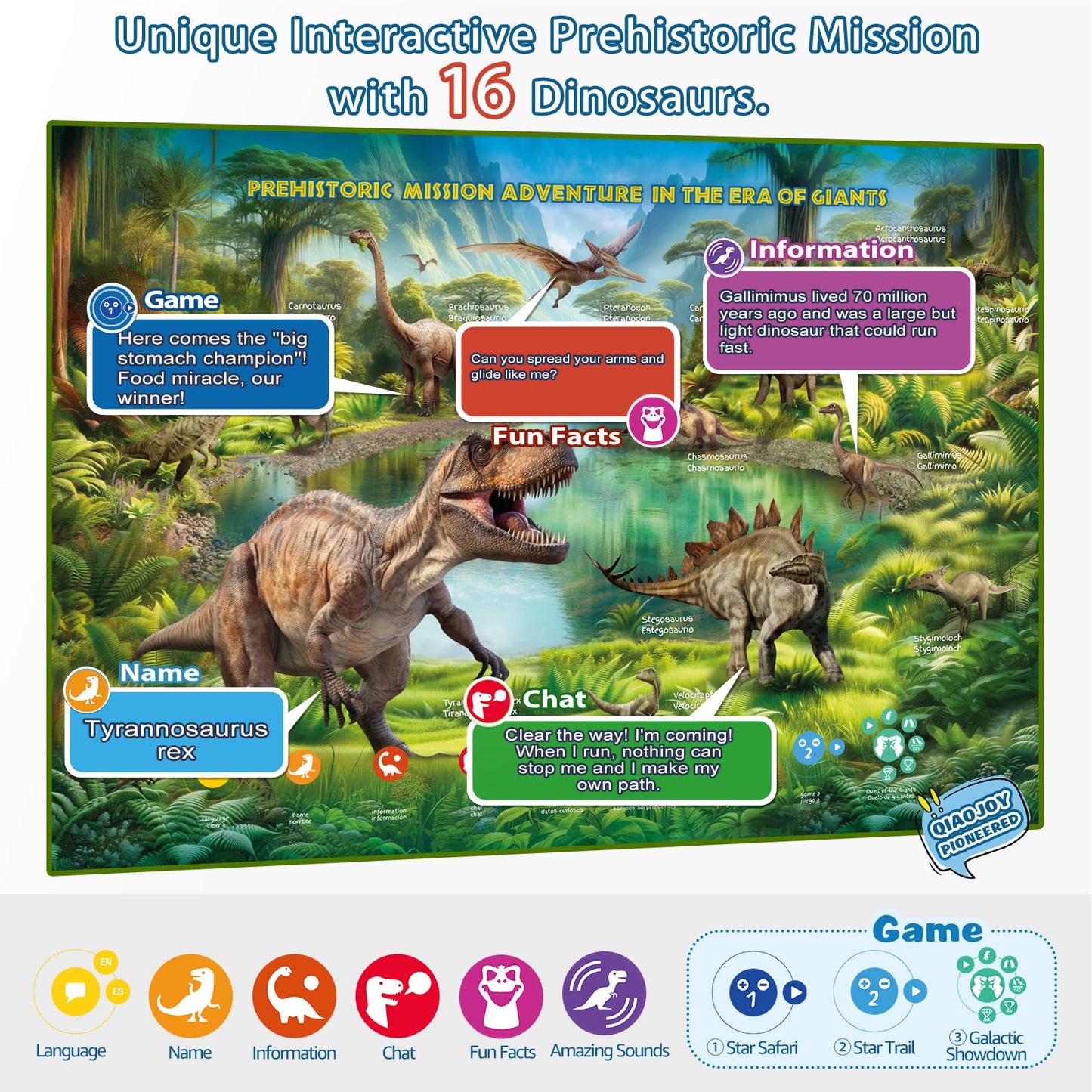 Qiaojoy Bilingual World Map & Dinosaur Poster – Interactive Learning Toy for Kids 3–12