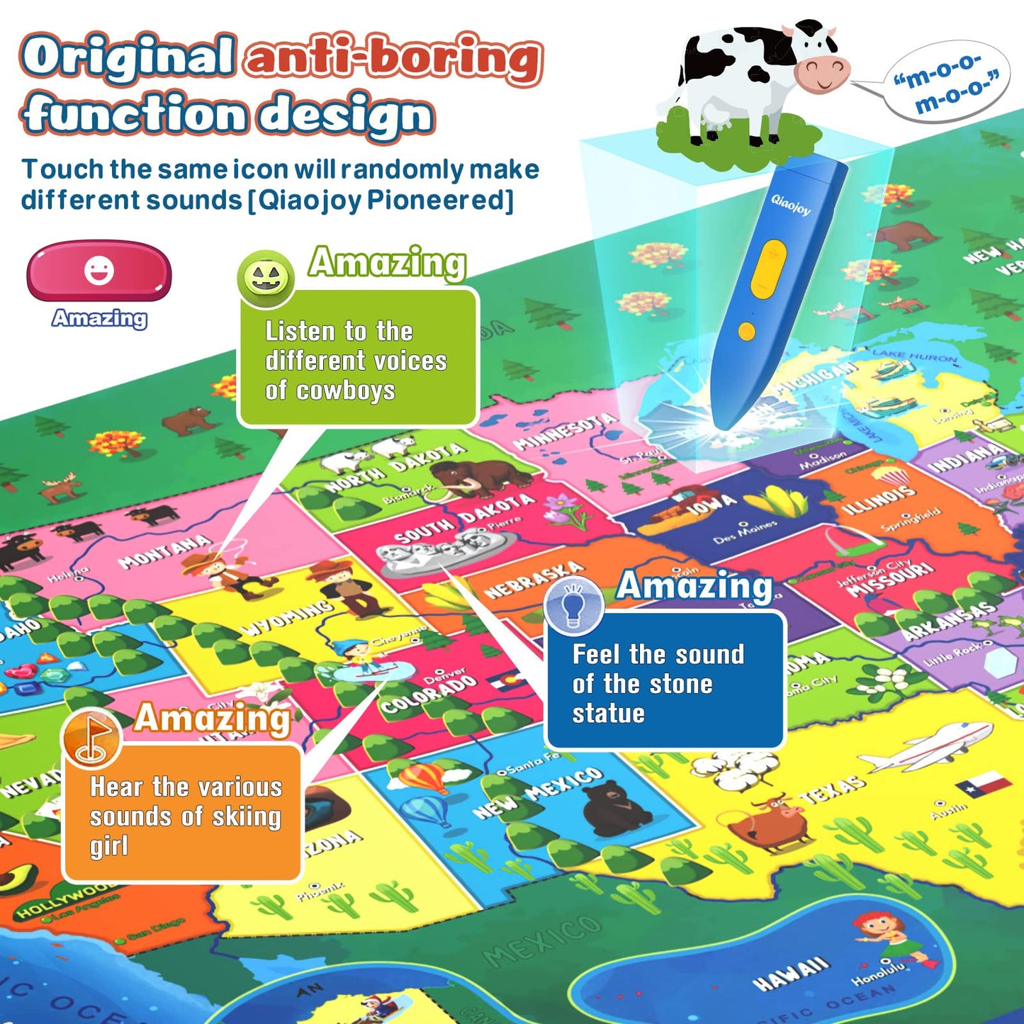 Qiaojoy Bilingual Interactive USA Map for Kids – Geography Learning Toy