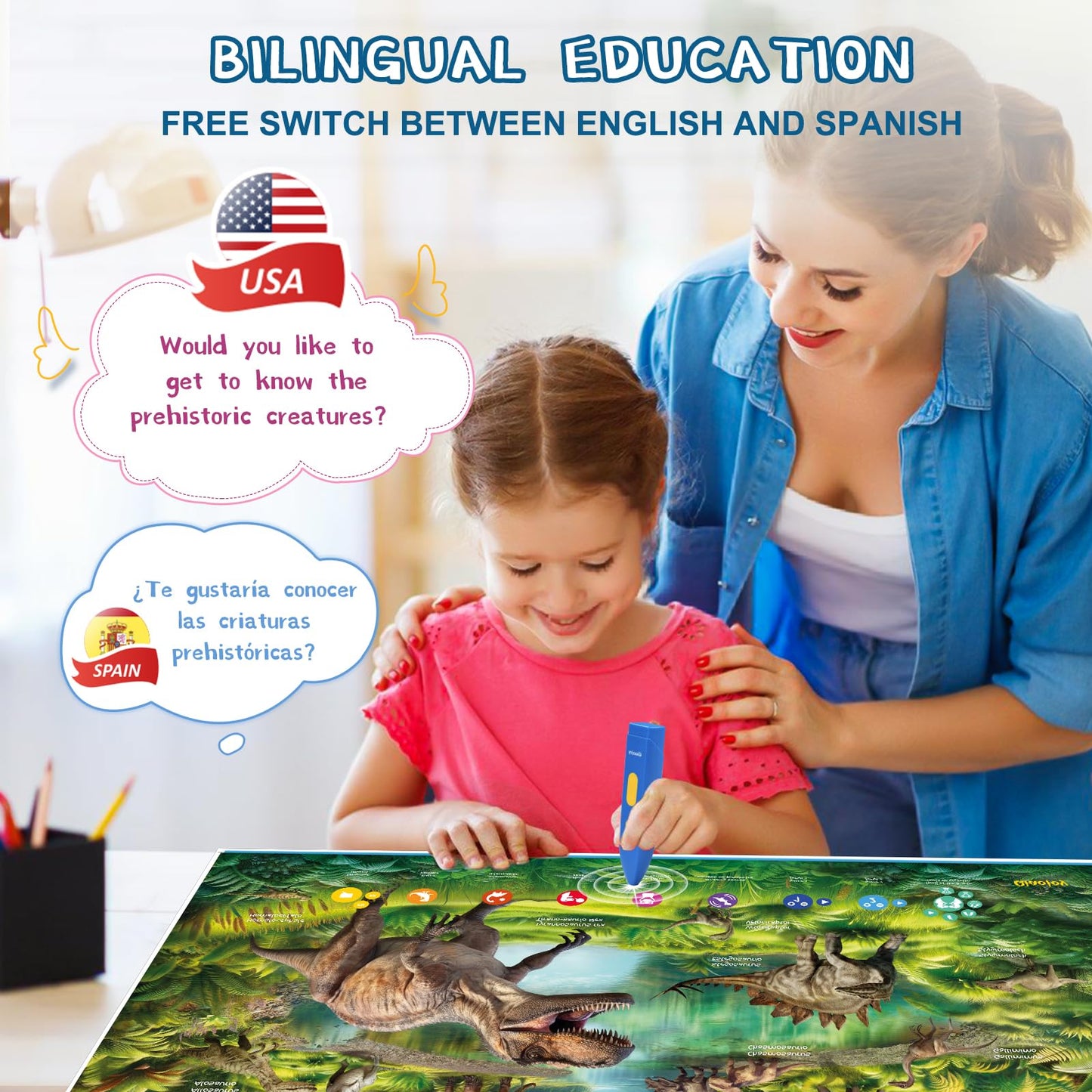 Qiaojoy Interactive Dinosaur Poster - Bilingual Talking Learning Poster for Kids 3-12