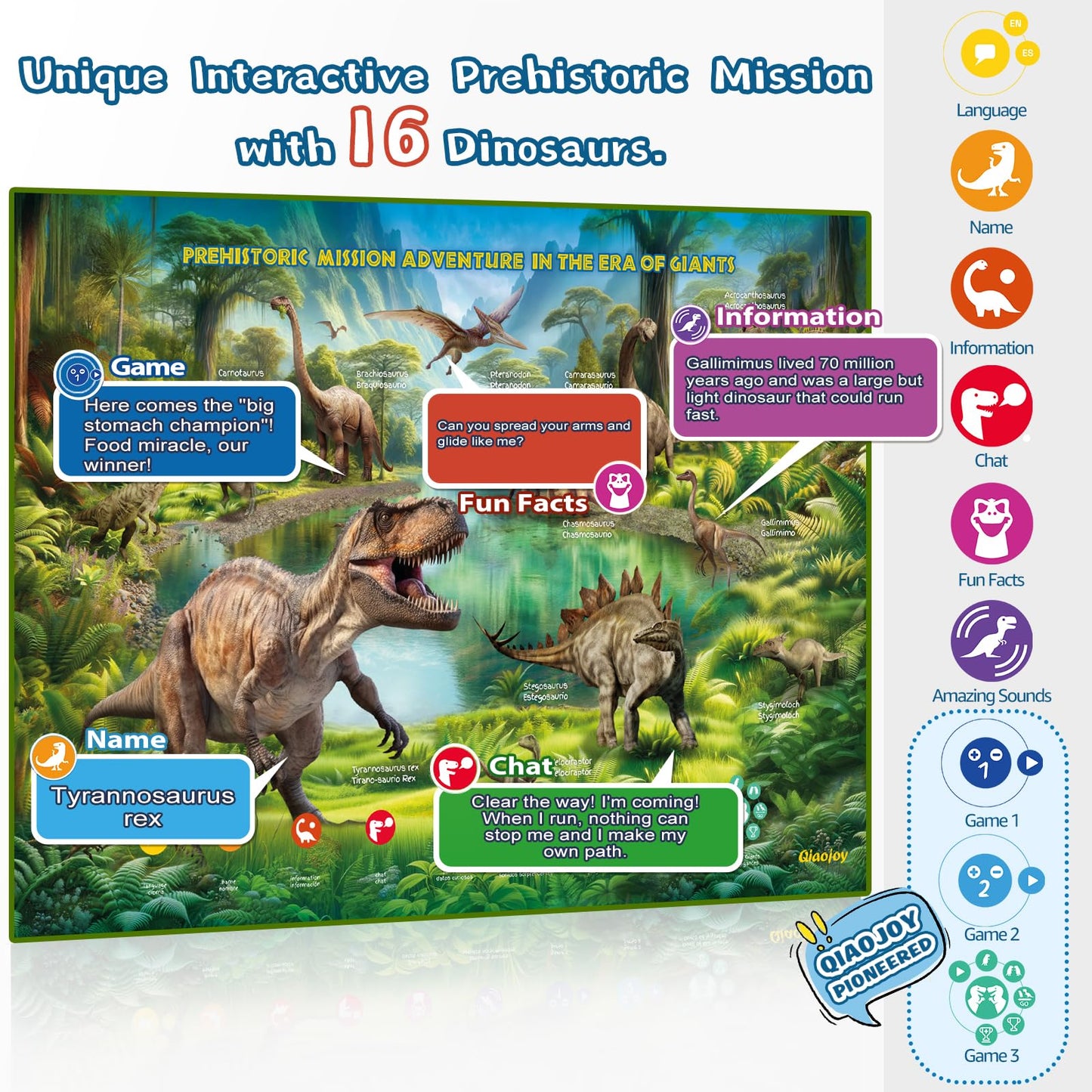Qiaojoy Interactive Dinosaur Poster - Bilingual Talking Learning Poster for Kids 3-12