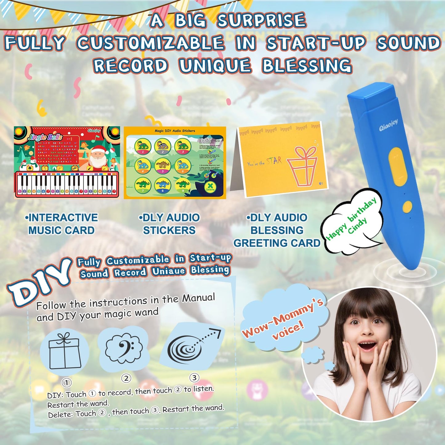 Qiaojoy Interactive Dinosaur Poster - Bilingual Talking Learning Poster for Kids 3-12